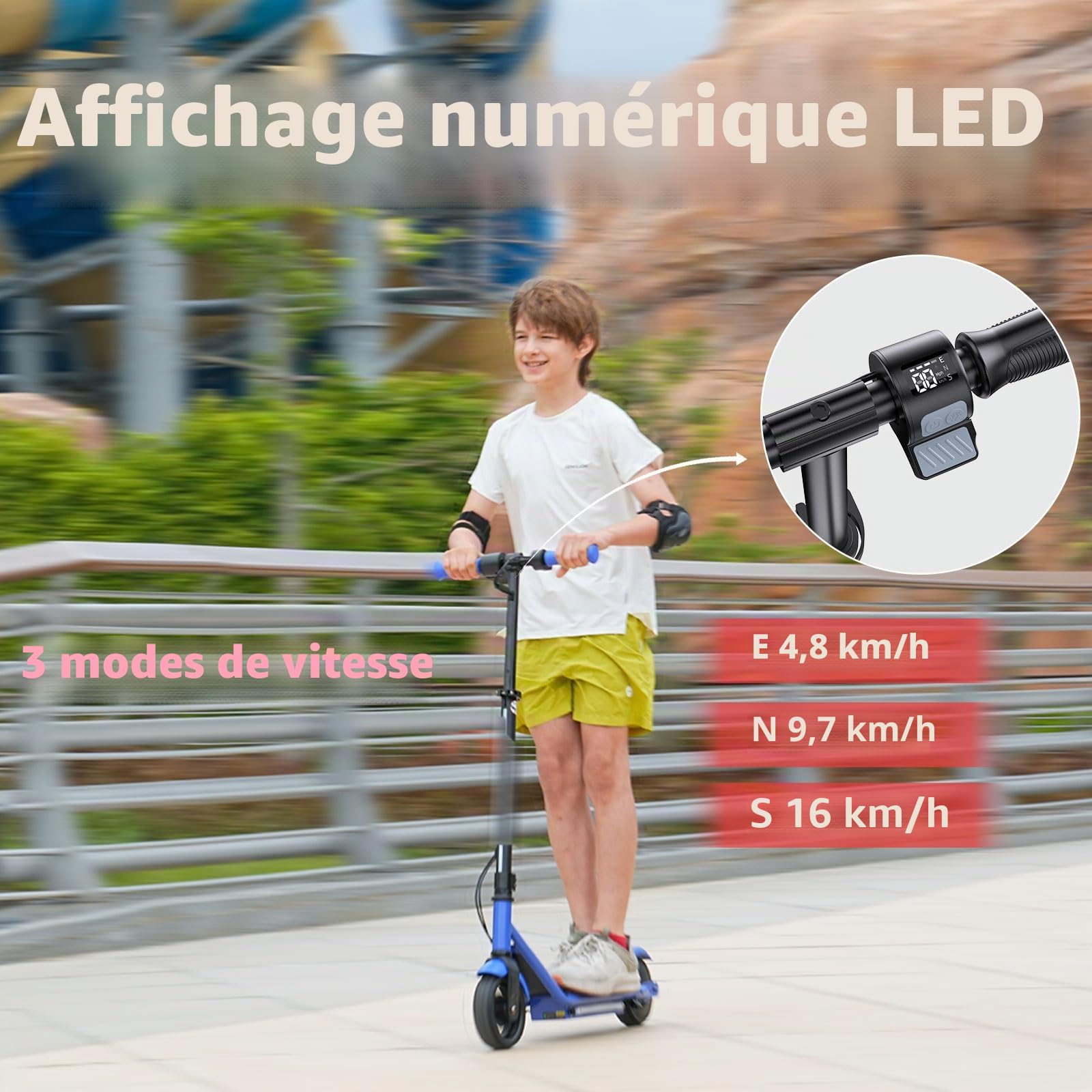 iScooter Trottinette électrique pour Enfants de 6 à 12 Ans, 3 Modes de Conduite (5, 10, 16 km/h), avec Affichage numérique LED et lumières, Hauteur réglable, portée jusqu'à 9 km et 75 kg
