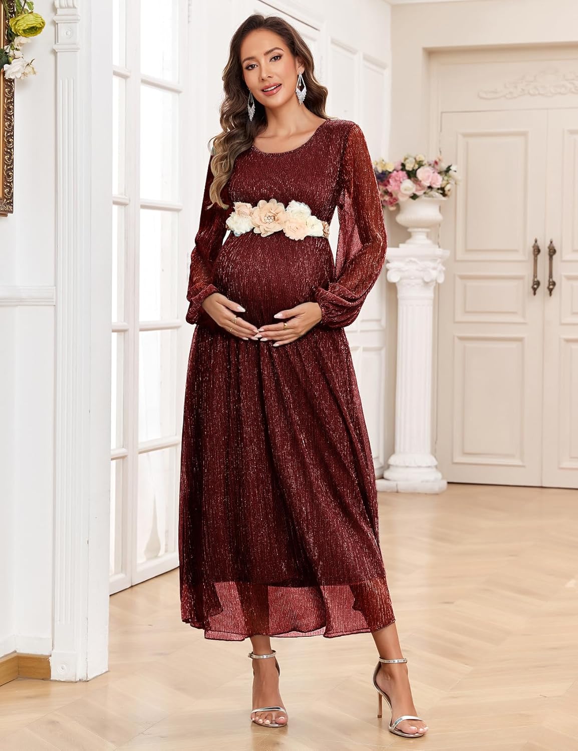 CYCLAMEN 2025 Maternity Sparkly Mesh Maxi Dress Long Sleeves Long Flowy Pregnant Dress with Belt Baby Shower Formal