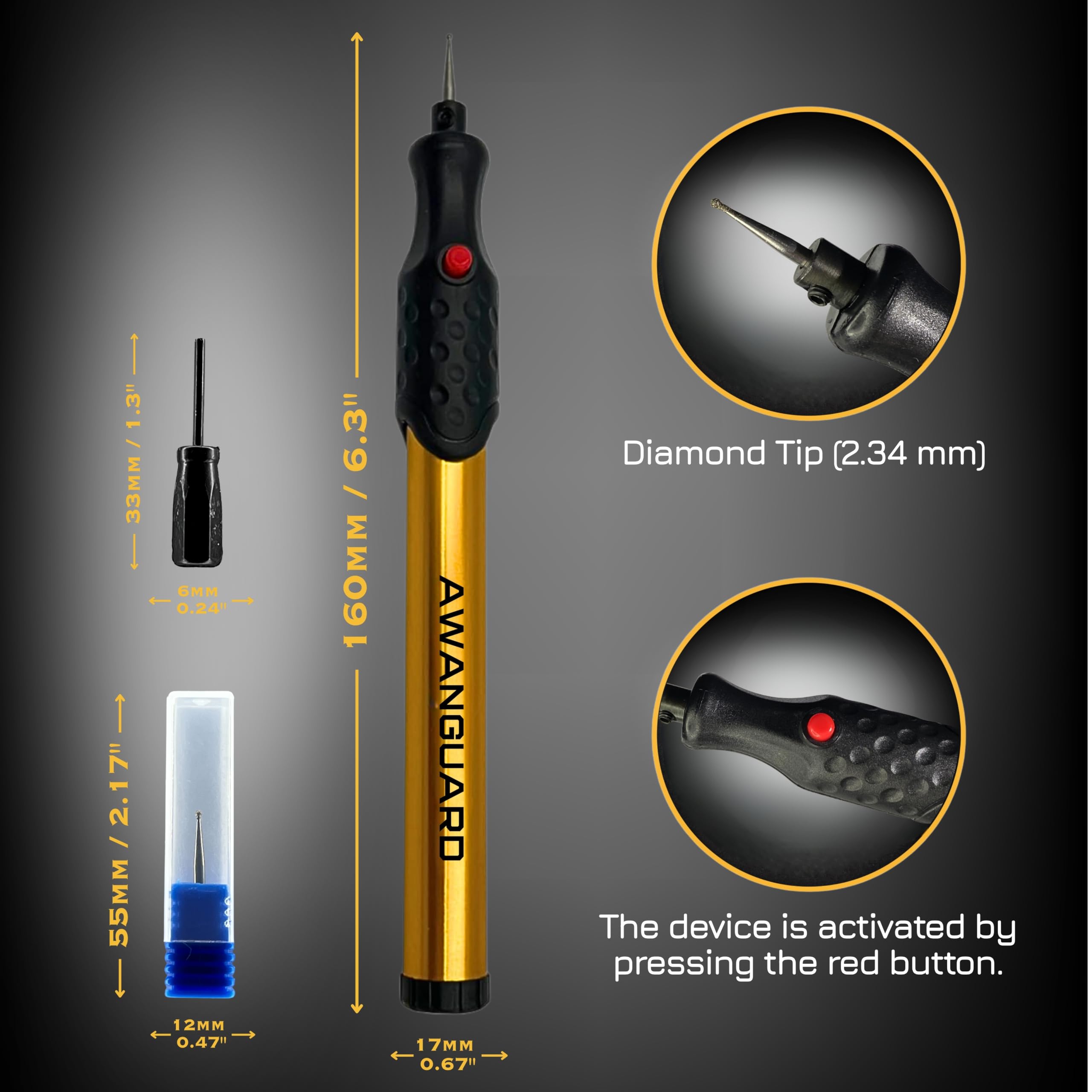 Diamond Tip Engraving Pen.Gravierstift mit Diamantspitze für Metall, Keramik, Glas gravieren - 2 x AAA Batteriebetrieben - Gravierstift Elektrisch für DIY Schmuck und Schloss Gravur Gerät