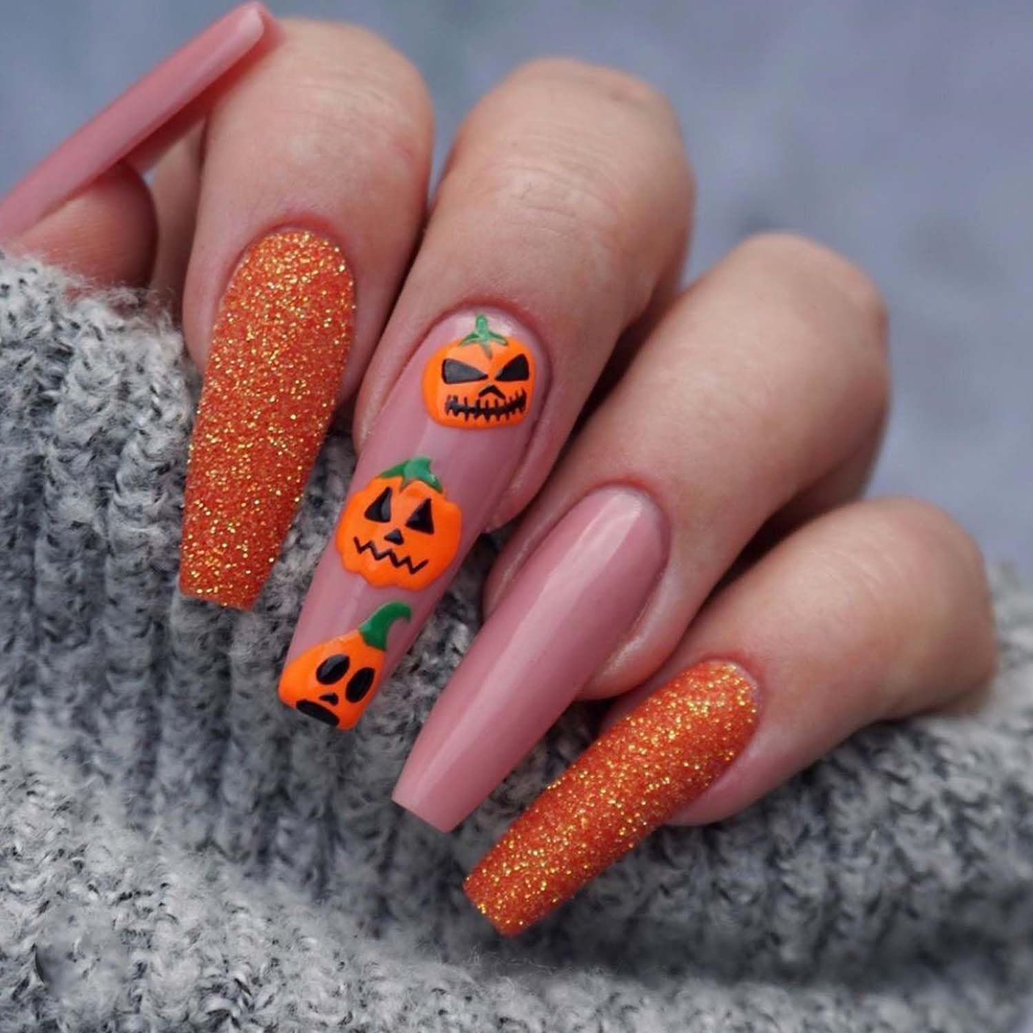 Halloween Press on Nails Long Coffin Orange and Nude Pink Halloween Fake Nails Glue on Nails with Ghost Pumpkin Design Square Halloween False Nails Full Cover Stick on Nails for Party 24Pc