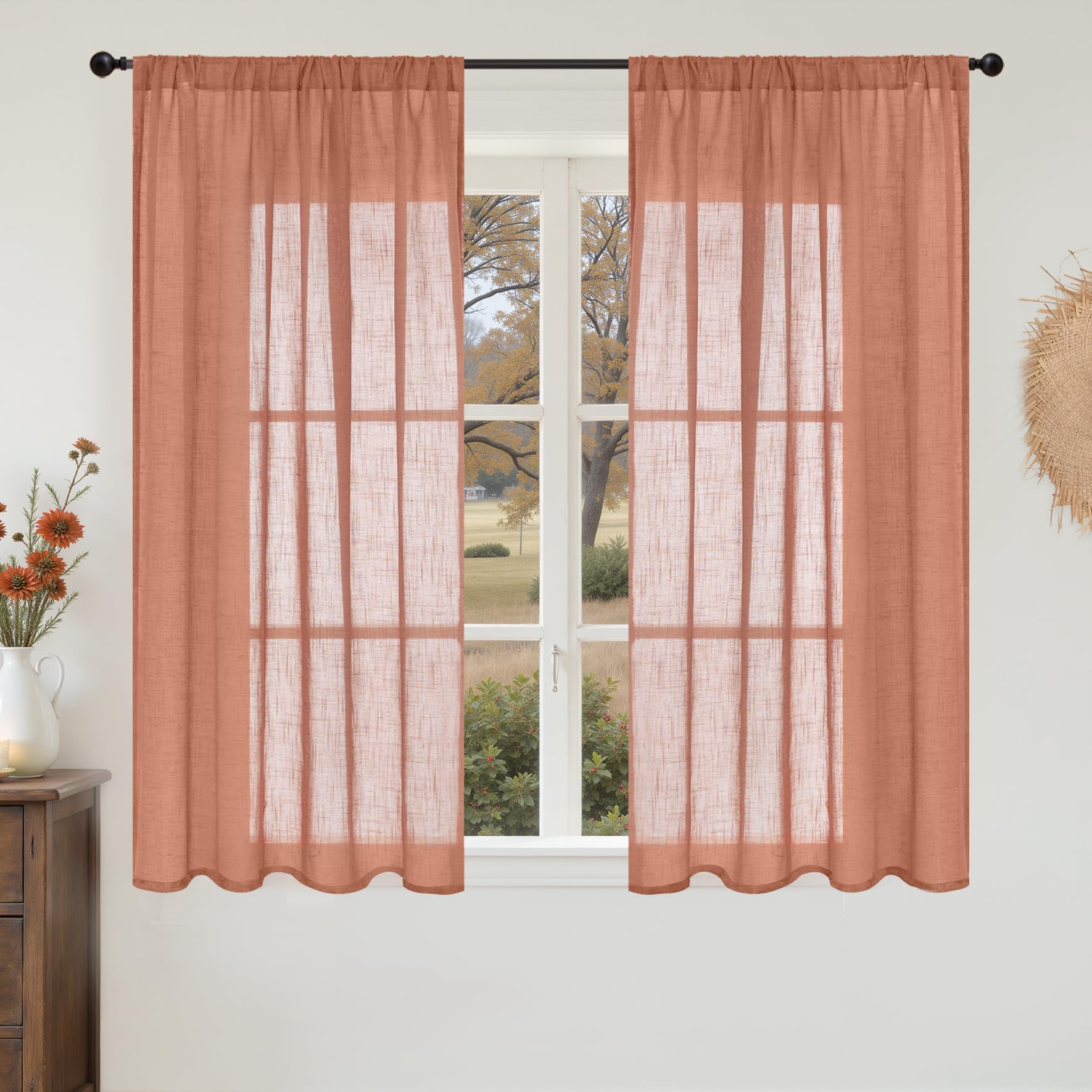 BGment Terracotta Linen Curtains 48 Inch Length, Burnt Orange Light Filtering Drapes Semi Sheer with Rod Pocket Rustic for Living Room Bedroom Lightweight, 2 Panels Set, Each 42 Inch Wide