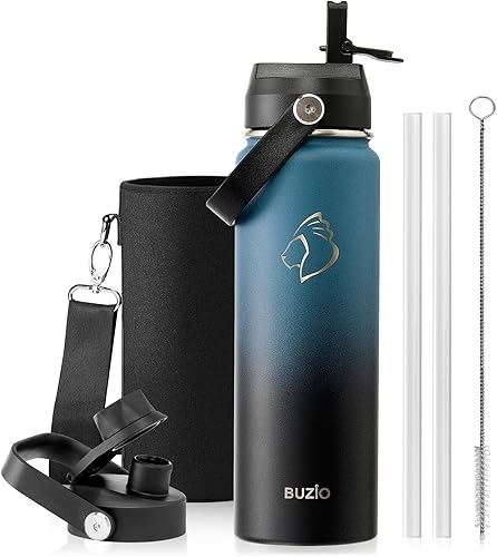 Miniatura 71 de BUZIO Botella de agua aislada de 24 oz, frasco de agua de boca ancha de acero inoxidable con tapa de pajita, frío durante 48 horas a prueba de