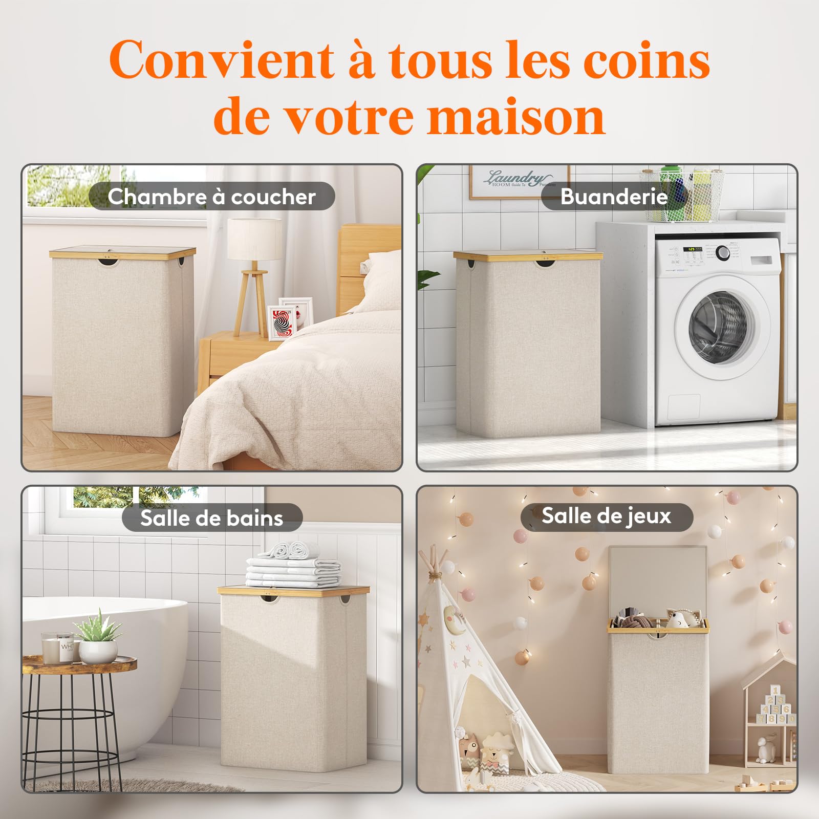 Lifewit Panier a Linge en Bambou, Corbeille a Linge Pliable avec Couvercle, Grand Bac a Linge avec Sacs Amovibles pour Chambre, Salle de Bain, Buanderie, 160 L, Beige