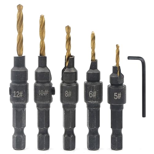 Juego de 5 brocas avellanadoras con vástago hexagonal de 14 de pulgada, juego de brocas avellanadoras HSS 5#6#8#10#12 con juego de herramientas de
