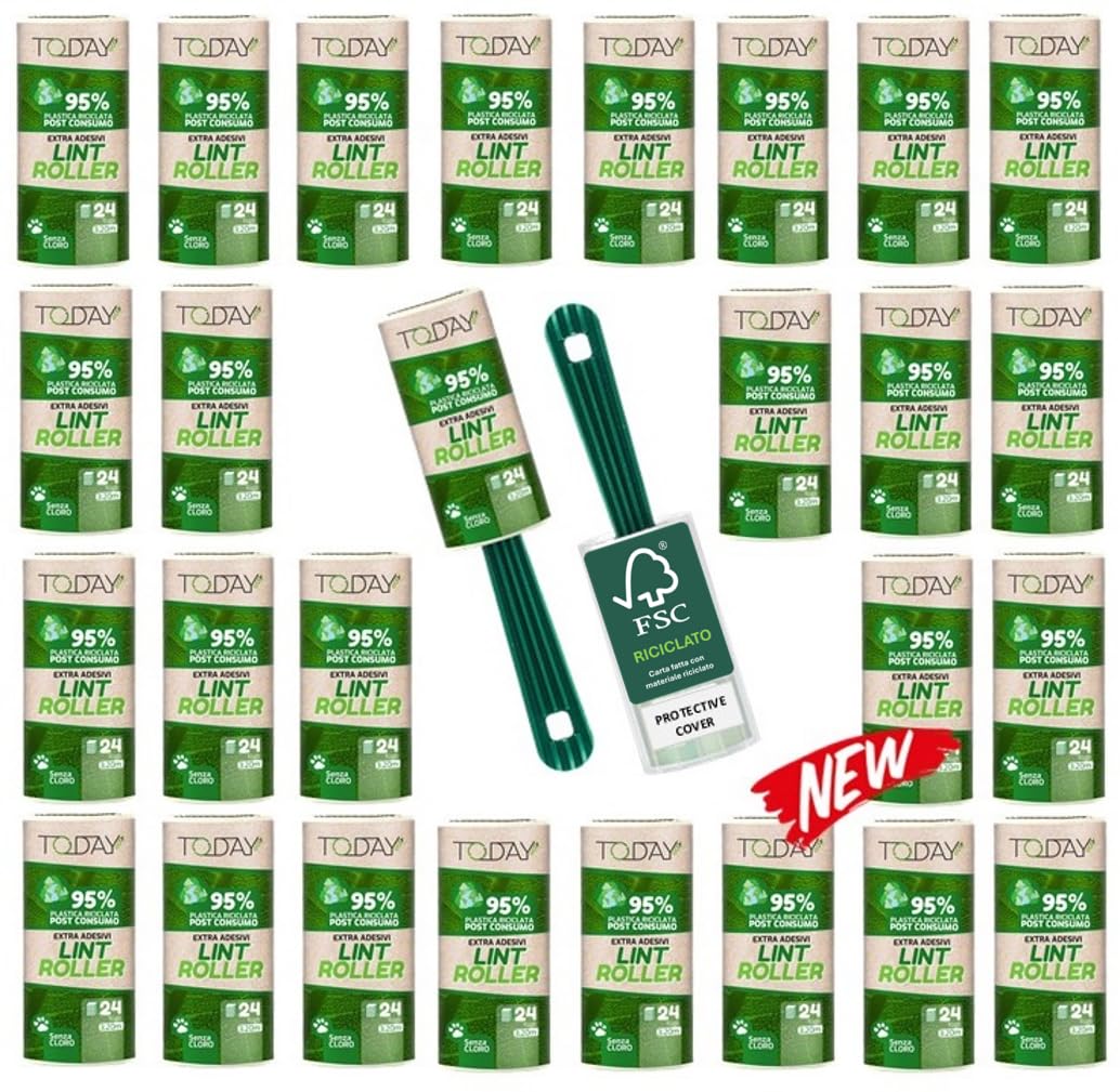 Today Eco - Spazzola levapelucchi 95% Riciclata - 28 Rotoli + Cover + 2 Manici, 24 strappi. Rullo togli peli Animali, spazzola adesiva cane e gatto - Made in Italy
