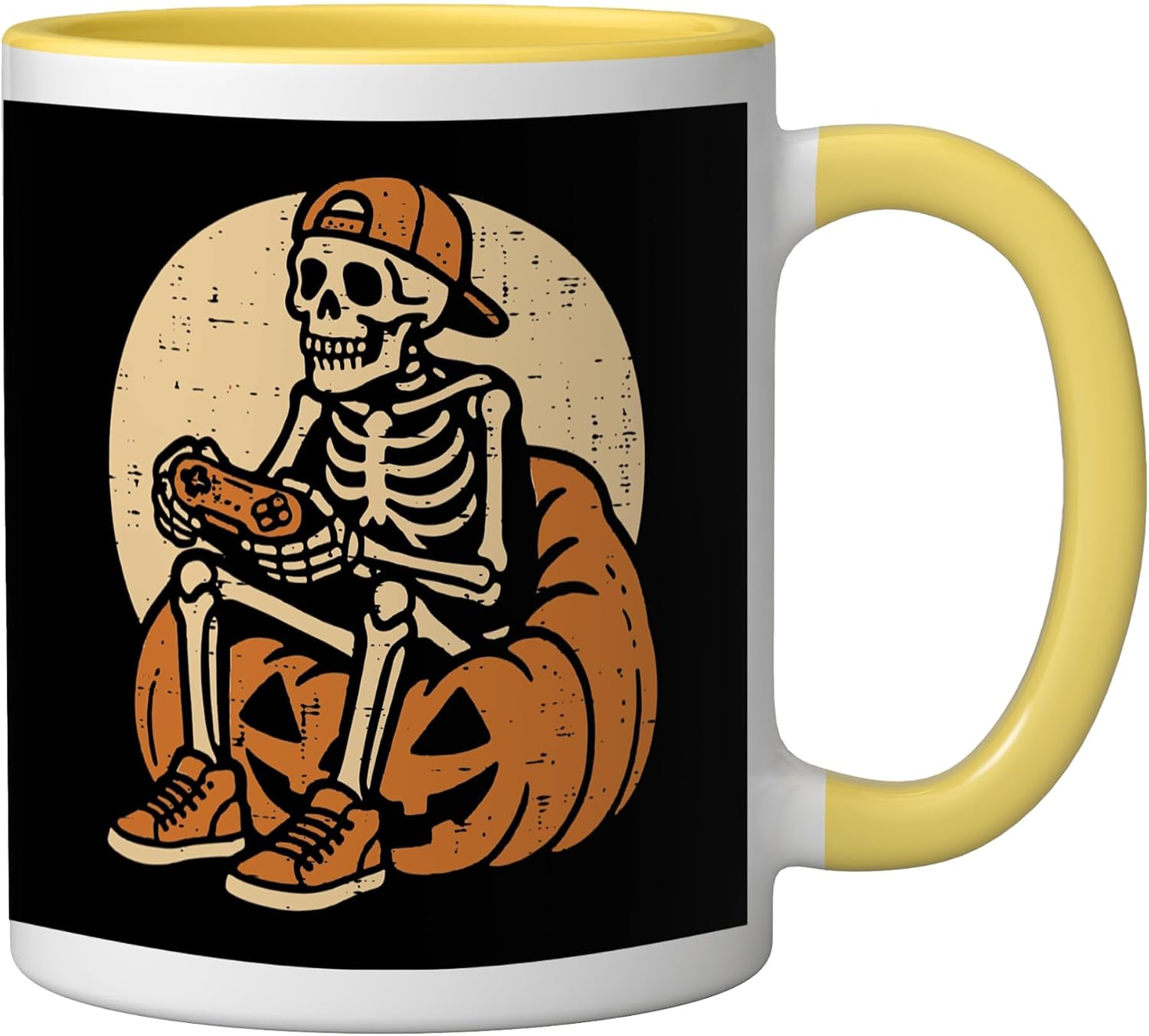Halloween Gamer Skeleton Pumpkin Gaming Costume Men Boy Kids Ceramic Mug, Yellow/White, 11oz image 2
