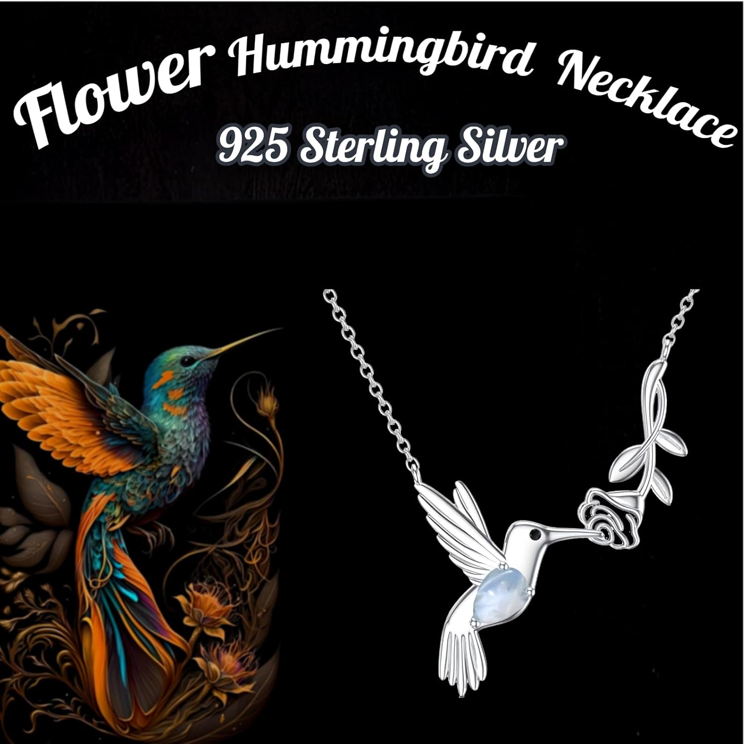 Hummingbird Flower Genuine Moonstone Rainbow Pendant Necklace 925 Sterling Silver Natural Gemstone June Birthstone Jewelry for Women - Image 7
