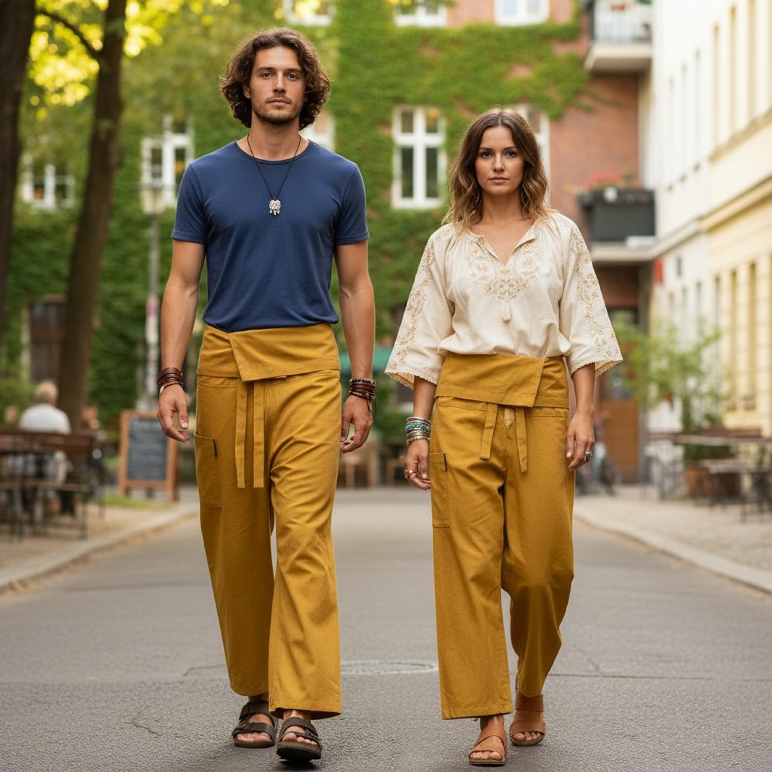 GURU SHOP Pantalon de pêche thaïlandais en coton solide, pantalon portefeuille, pantalon de yoga, taille unique, homme/femme, bleu, taille : taille unique