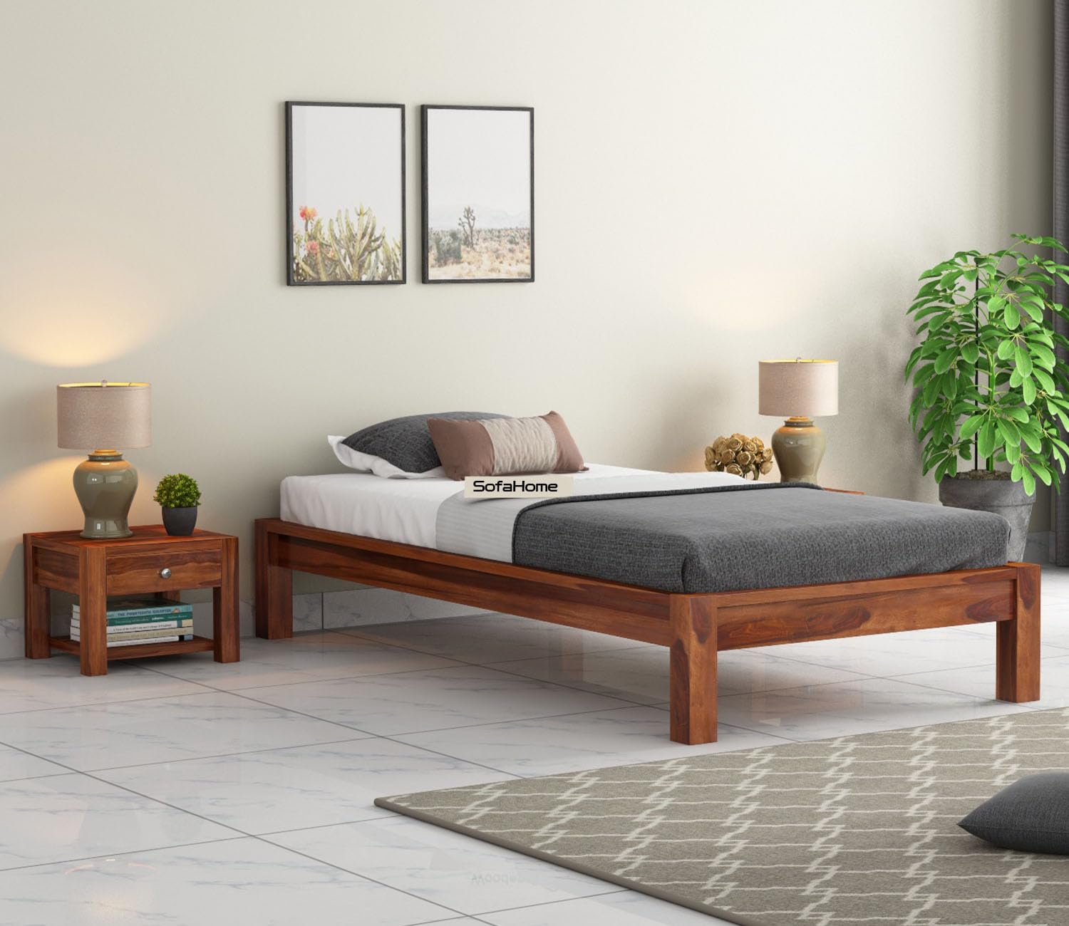 SofaHome Hout Sheesham Wood Single Size Bed Without Storage for Bedroom Living Room Home Wooden Palang for Hotel (Natural Finish)