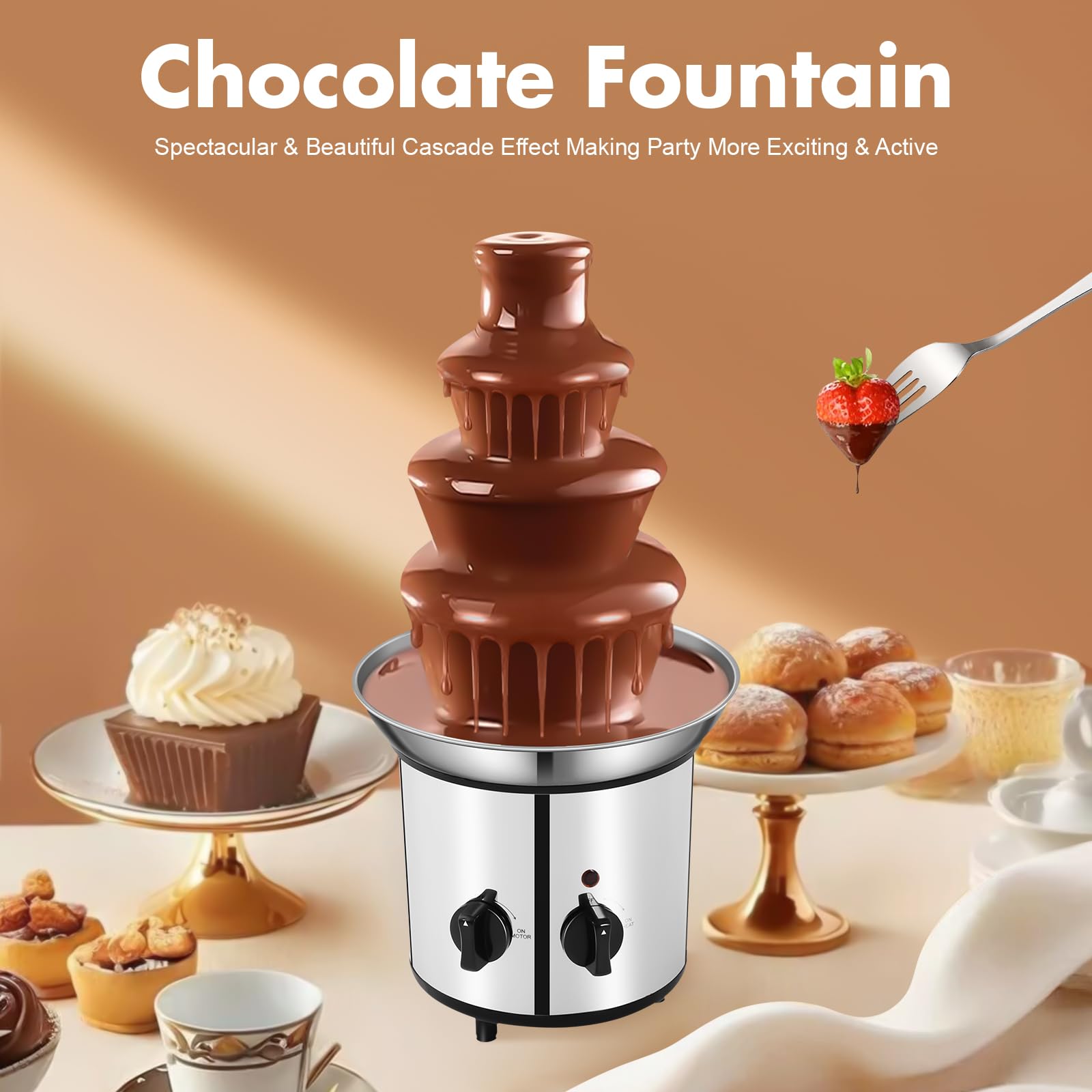 4-Tier Chocolate Fountain Machine for Parties, 60oz Stainless Steel Electric Luxury Chocolate Fondue Fountain Machine for Weddings, Chocolate, Candy, Ranch Sauce, Cheese Sauce