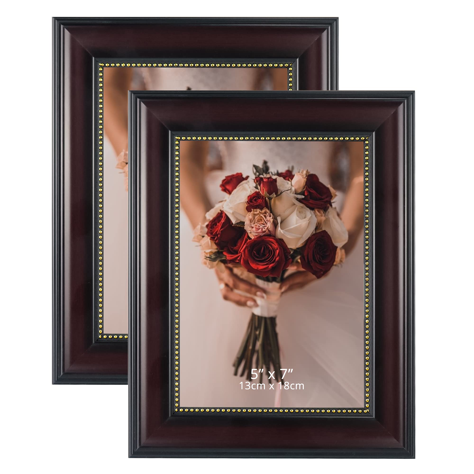 GraduatePro Picture Frames for 5x7 Photo 2-Pack Mahogany with Gold Beaded Wall Tabletop Collage Brown