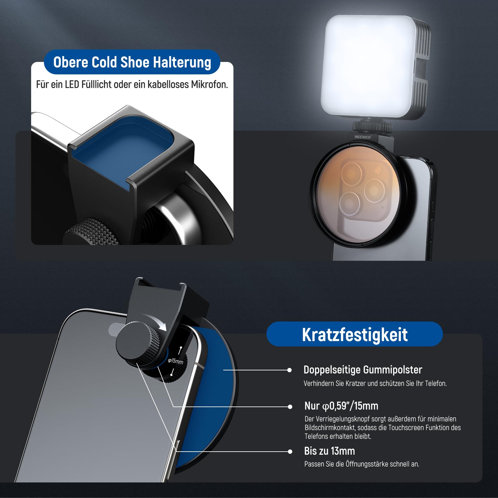 NEEWER 67mm ND Filter Kit für phones mit Cold Shoe Objektivclip, CPL/ND32/6 Punkt Stern/4 abgestuften Farbfiltern, kompatibel mit iPhone 17, 16, 16e, 15, Android, Samsung Galaxy S25 Ultra, S24
