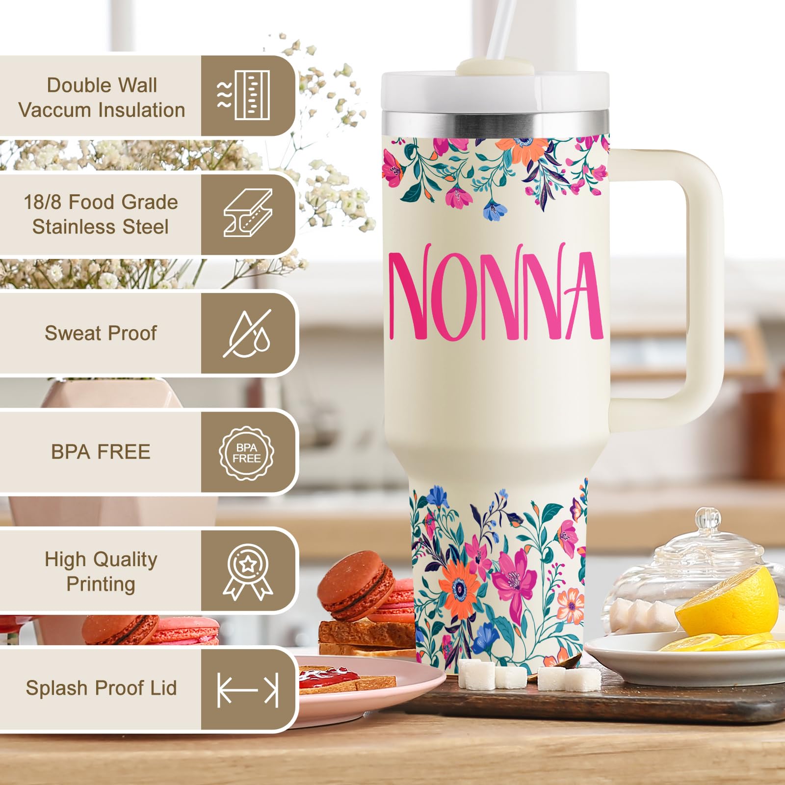 ROSTANTEN Nonna Gifts Nonna Birthday Gifts for Nonna Best Nonna Gift from Grandkids for Mothers Day Christmas 40oz Travel Cup Insulated Tumbler with Lid & Straw