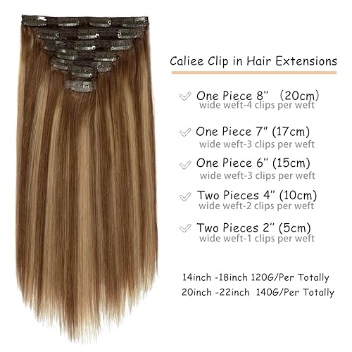 Miniatura 2 de Caliee Balayage - Extensiones de cabello humano con clip de 18 pulgadas, color marrón chocolate y rubio caramelo con raíces marrones, cabello lacio