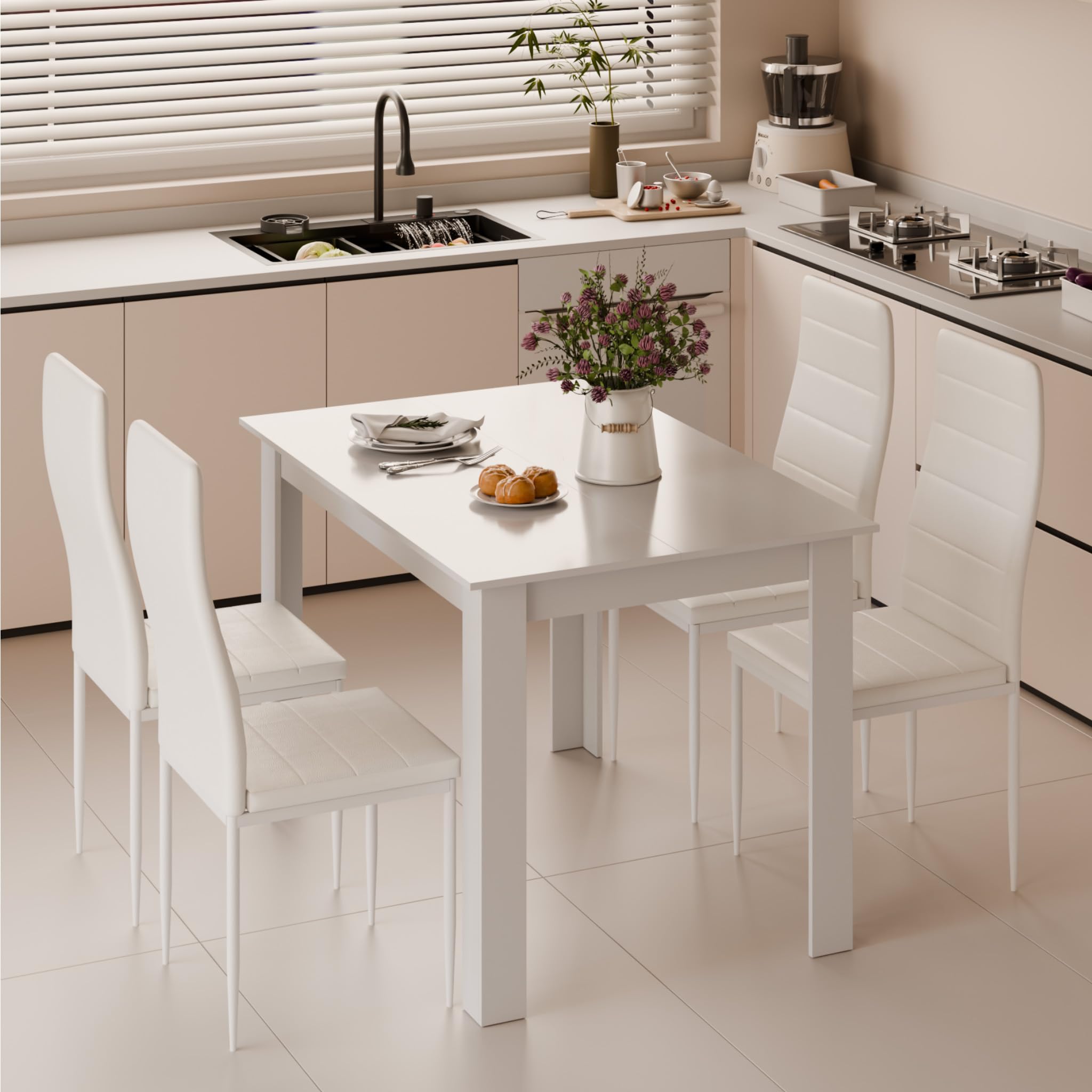 Mondeer Esstisch mit 4 Stühlen Set, Essgruppe mit Hochlehner Kunstleder Stuhl für Küche Esszimmer Wohnzimmer, W120 x D80 x H75 cm, Weiß