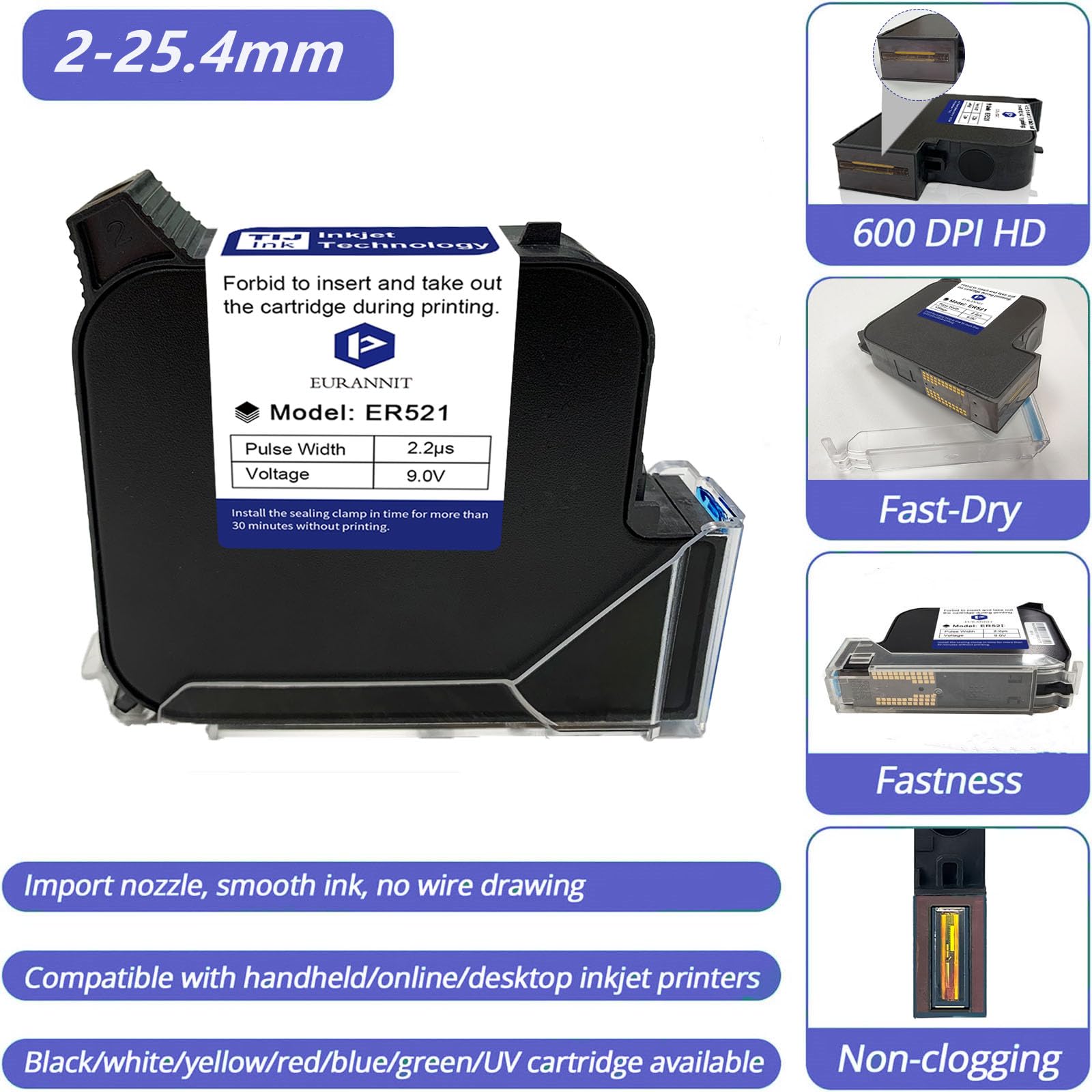 originale cartuccia di inchiostro nero ER521, 72ml rapida sostituzione dell'inchiostro solvente a secco per 1inch/ 25.4mm stampante a getto d'inchiostro portatile E15-1 / E11-1