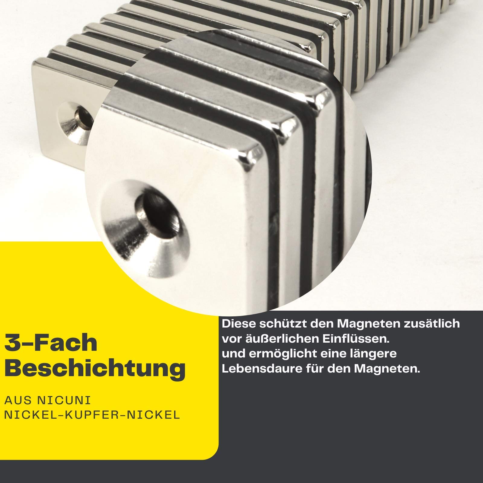 Neodym Magnet mit Bohrung und Senkung 40x20x3mm 12 KG Quader - Senkkopfschraube - M4 Senkloch zum anschrauben - Senkbohrung Senkkopf [5 Stück]