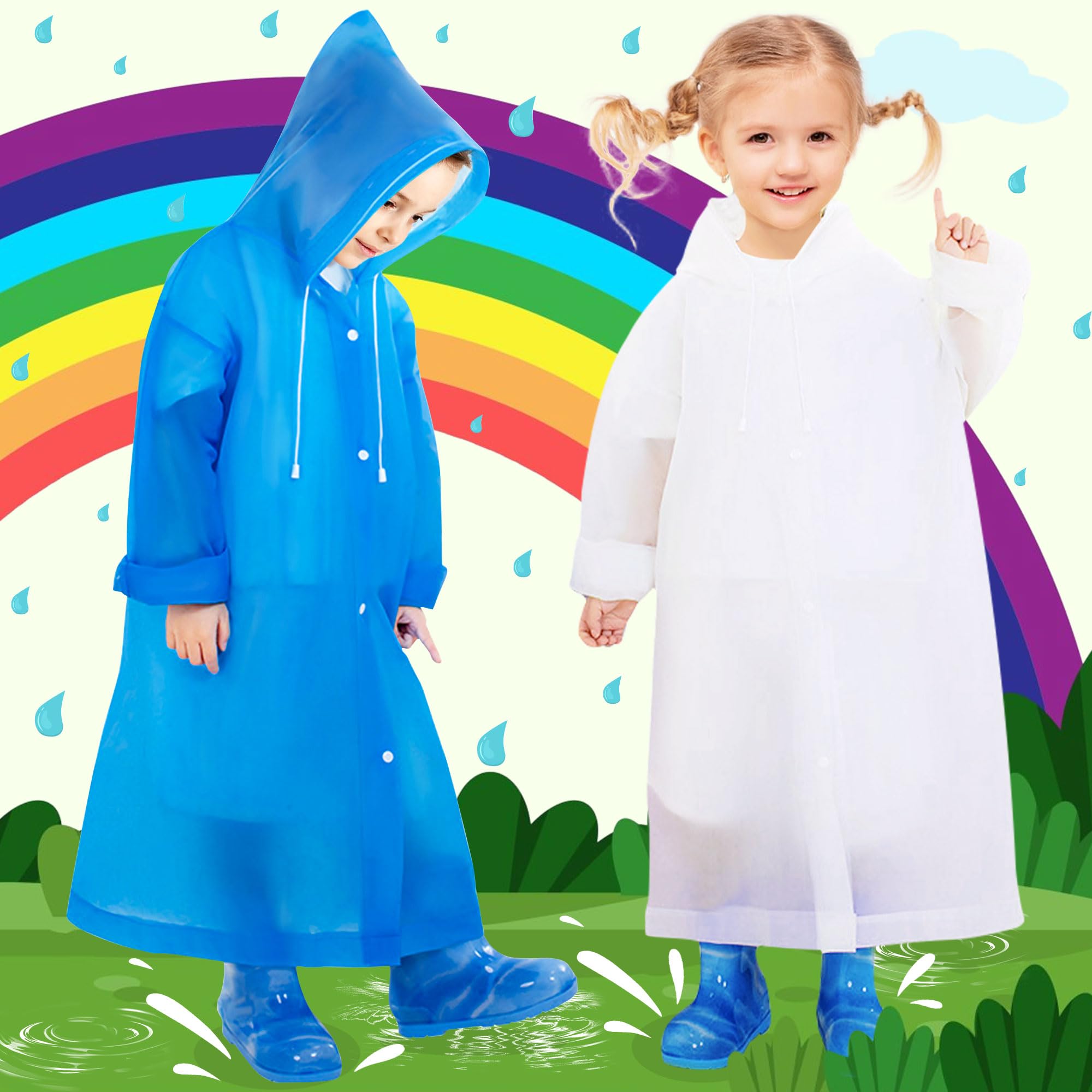 2 Pièces Imperméable pour Enfants en EVA, Réutilisable Manteau Poncho de Pluie avec Capuchon, Poncho Léger Combinaison de Pluie Vêtements de Pluie pour Garçons Filles