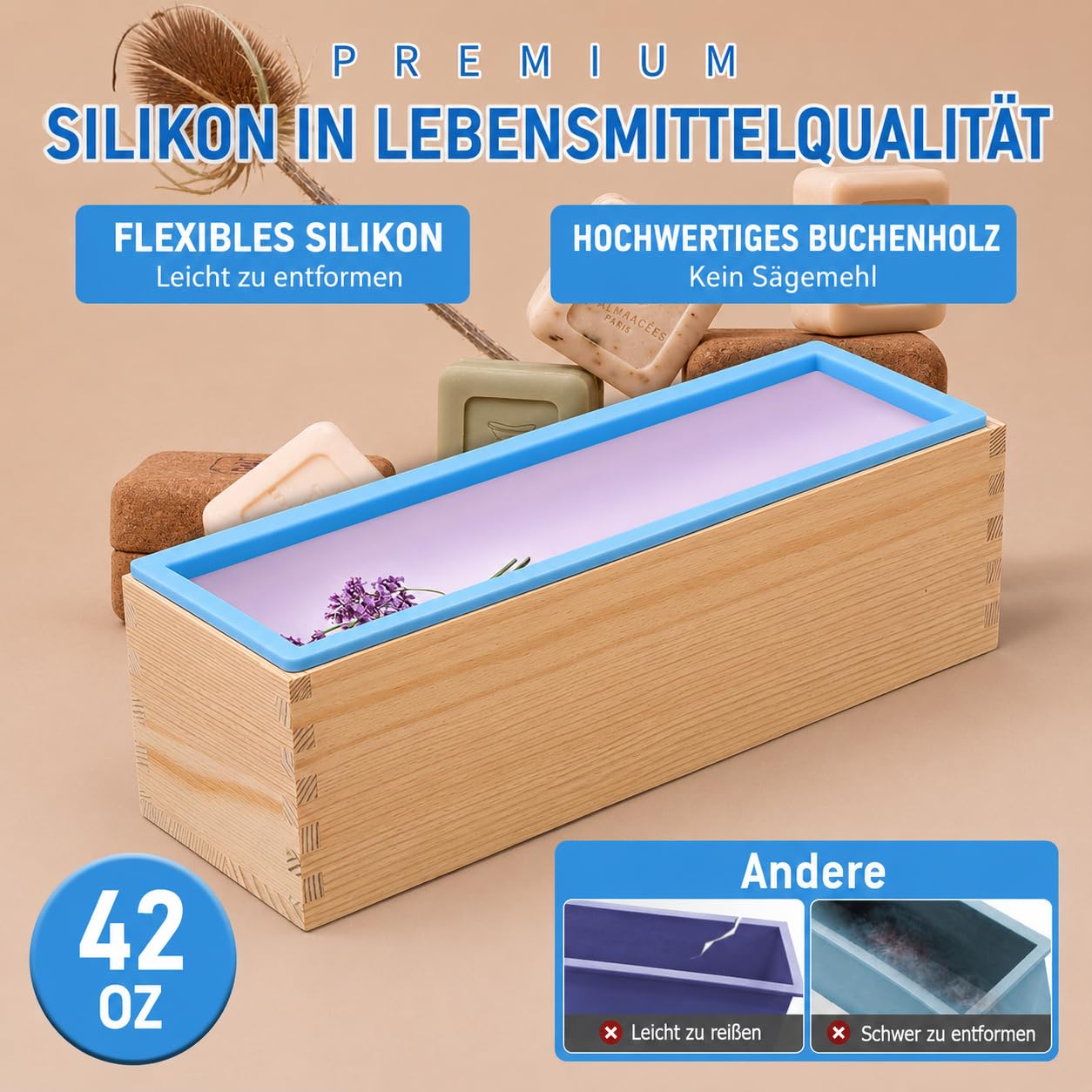 4er Seifen Silikonform, 1200ML DIY Rechteckiges Form Set aus Silikon-Seifenformen aus Holz, Handgemachte Seifenlaibform mit Holzkisten und Deckeln für Seifenherstellungszubehör Cakes (Blau)
