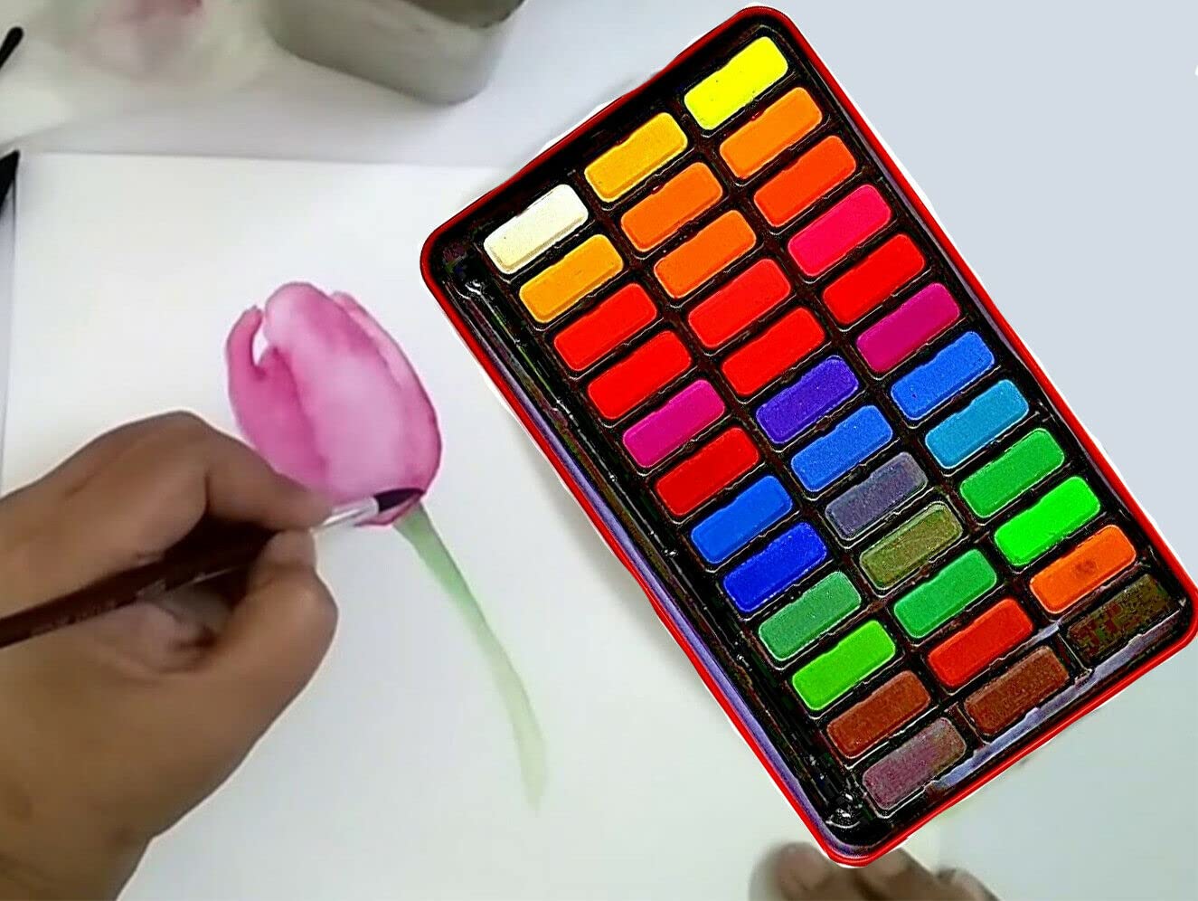 SuperGift.com 12/24/36 Watercolour Paint Block Set & Brush Red Metal Lid Plus Round Brush (24)