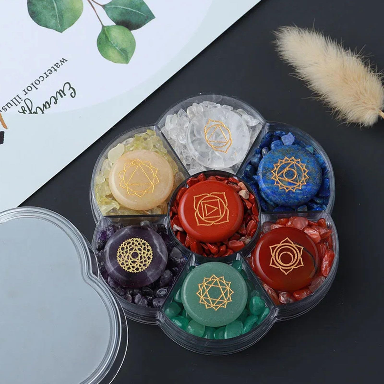 Kit Cristalli 7 Chakra - 7 Pietre Lucidate e Pietre Preziose Burattate con Simbolo Reiki dei 7 Chakra - Cristalli Curativi Set di Pietre per La Guarigione Cristalli di Stregoneria
