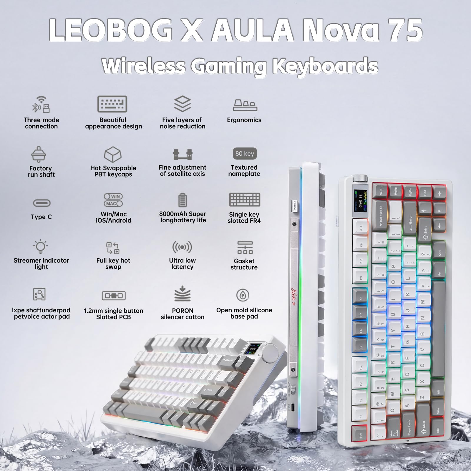 X Aula Nova75 - Tastiera meccanica da gioco, 75% tastiera wireless compatta con schermo e manopola, per interruttori pre-lubrificati, tastiere per computer da 8000 mAh, retroilluminazione RGB, hot
