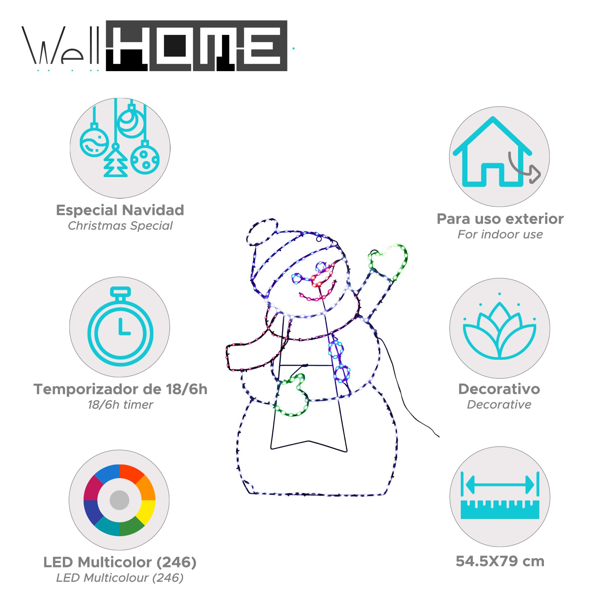 Well Home Muñeco de Nieve Ondulante con 246 Leds con función de Temporizador H.79cm