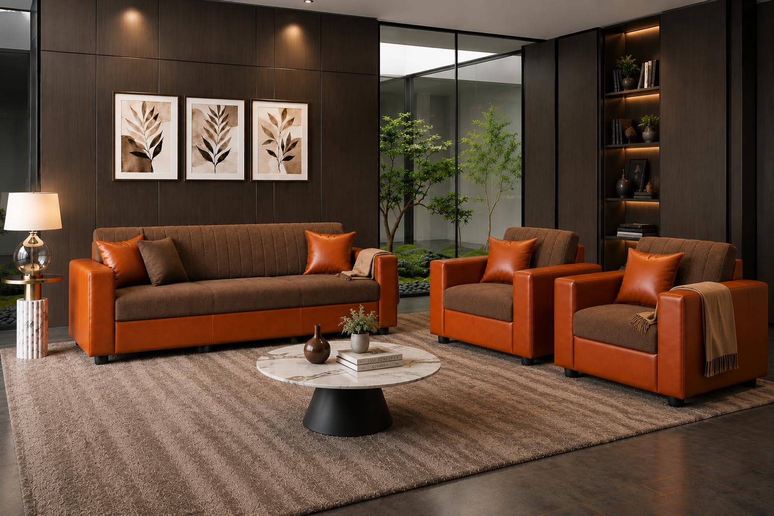 3+1+1 Sofa Set | 3 Seater Sofa with Two Single Seater Chairs | Premium Fabric & Leatherette Upholstery | Soft Foam Cushions | for Home & Office | Pre-Assembled (Brown and Tan)-image-19
