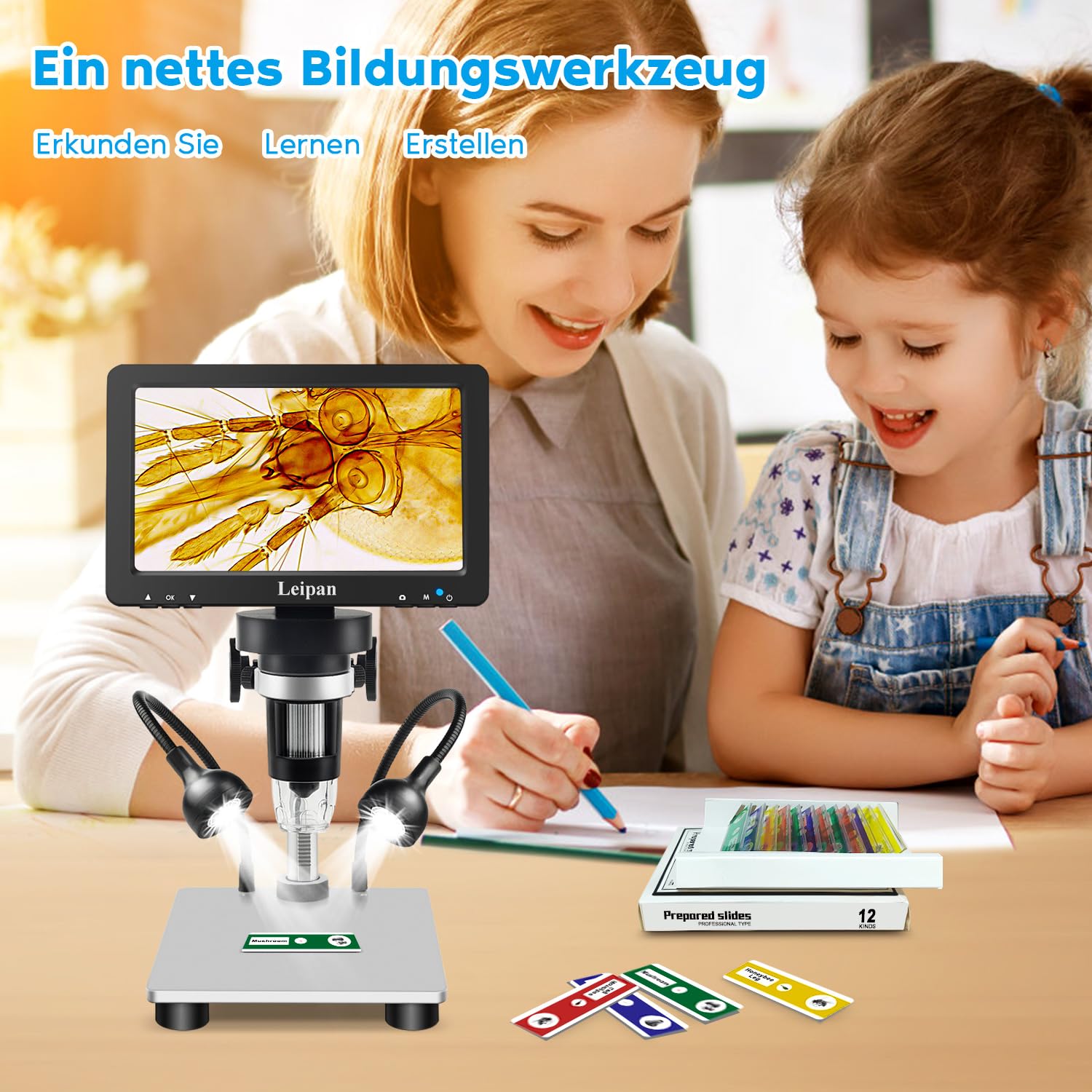 Leipan 7" LCD Mikroskop Digital 1200X mit Bildschirm, 12MP USB Microscope für 1080P Video, inkl., Beleuchtung & Fernbedienung, Kompatibel mit Windows/Mac OS