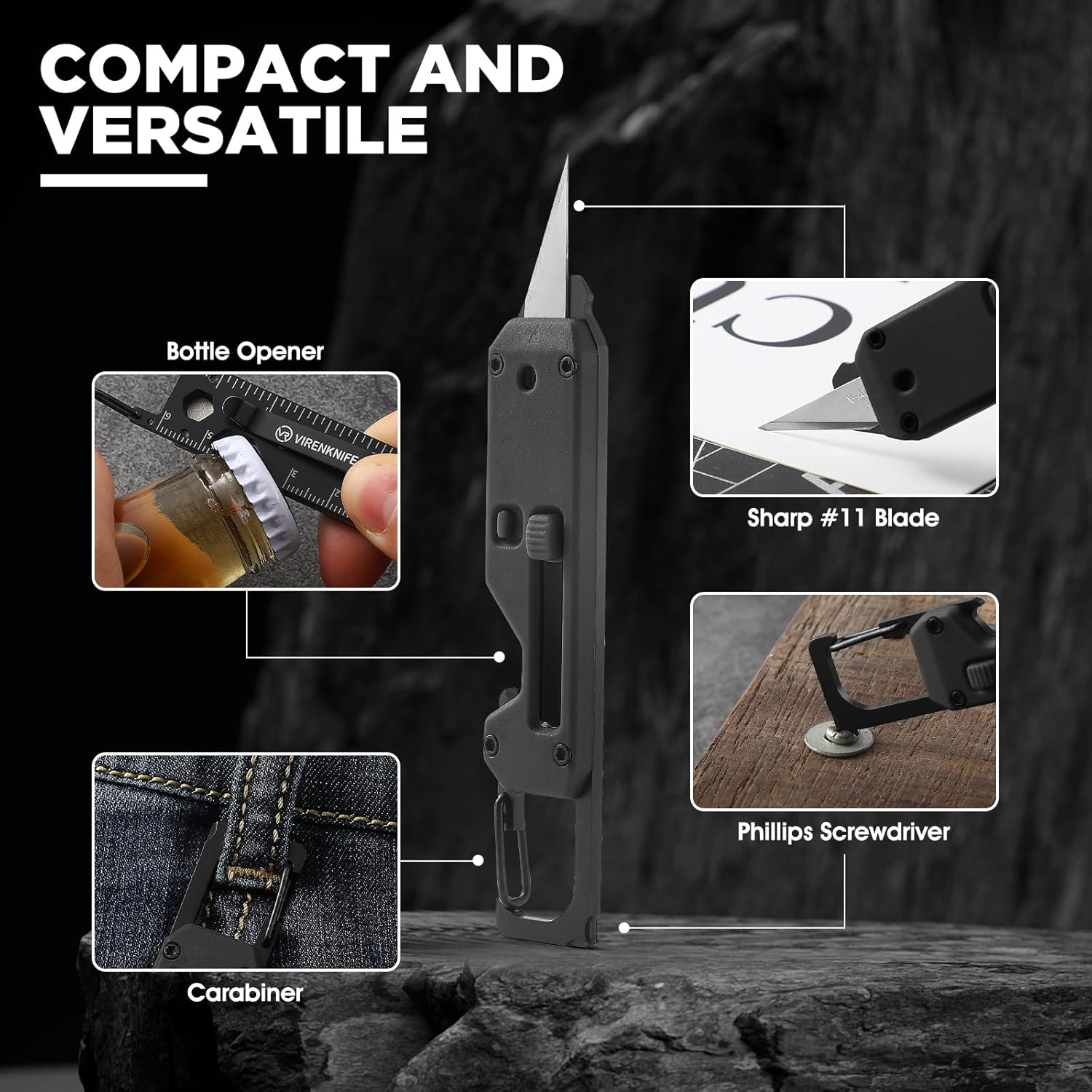 VIRENKNIFE Mini Utility Knife Keychain Multitool，12-in-1 EDC Multitool with Screwdriver，Pry Bar，Carabiner, Bottle Opener，Retractable Razor Blade,Mini EDC Knives for Everyday Carry（Black）