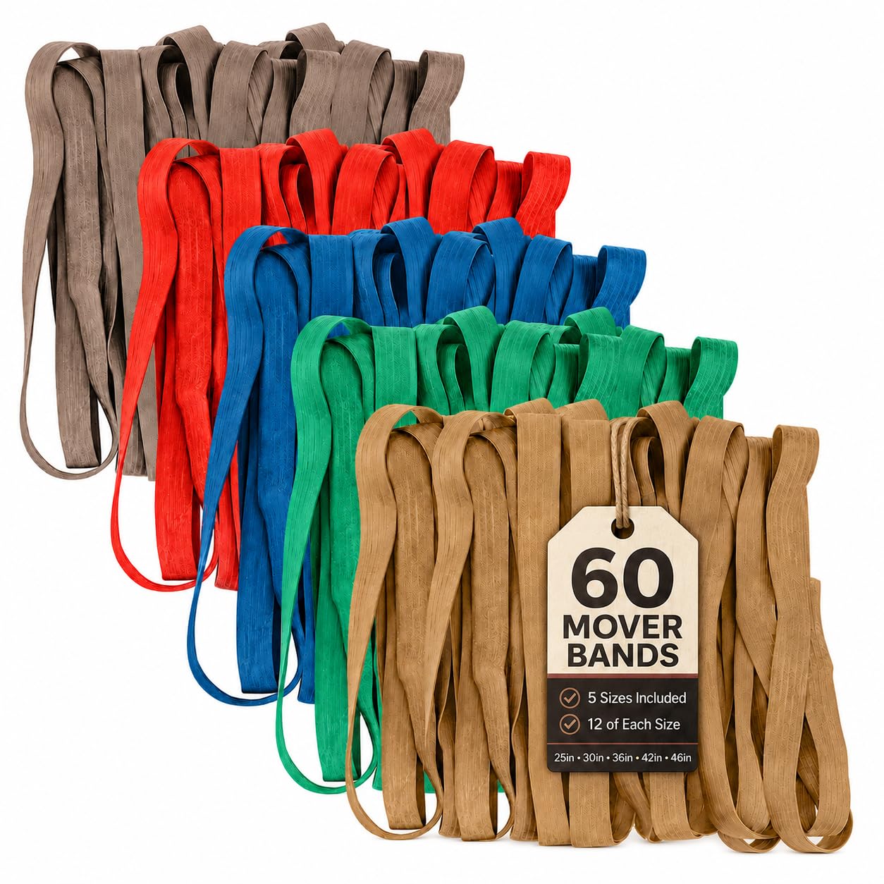 60 Pack Mover Bands – Extra Large Rubber Bands for Moving Blankets, Furniture & Appliances – Heavy-Duty Stretch Bands in 5 Sizes (25", 30", 36", 42", 46")