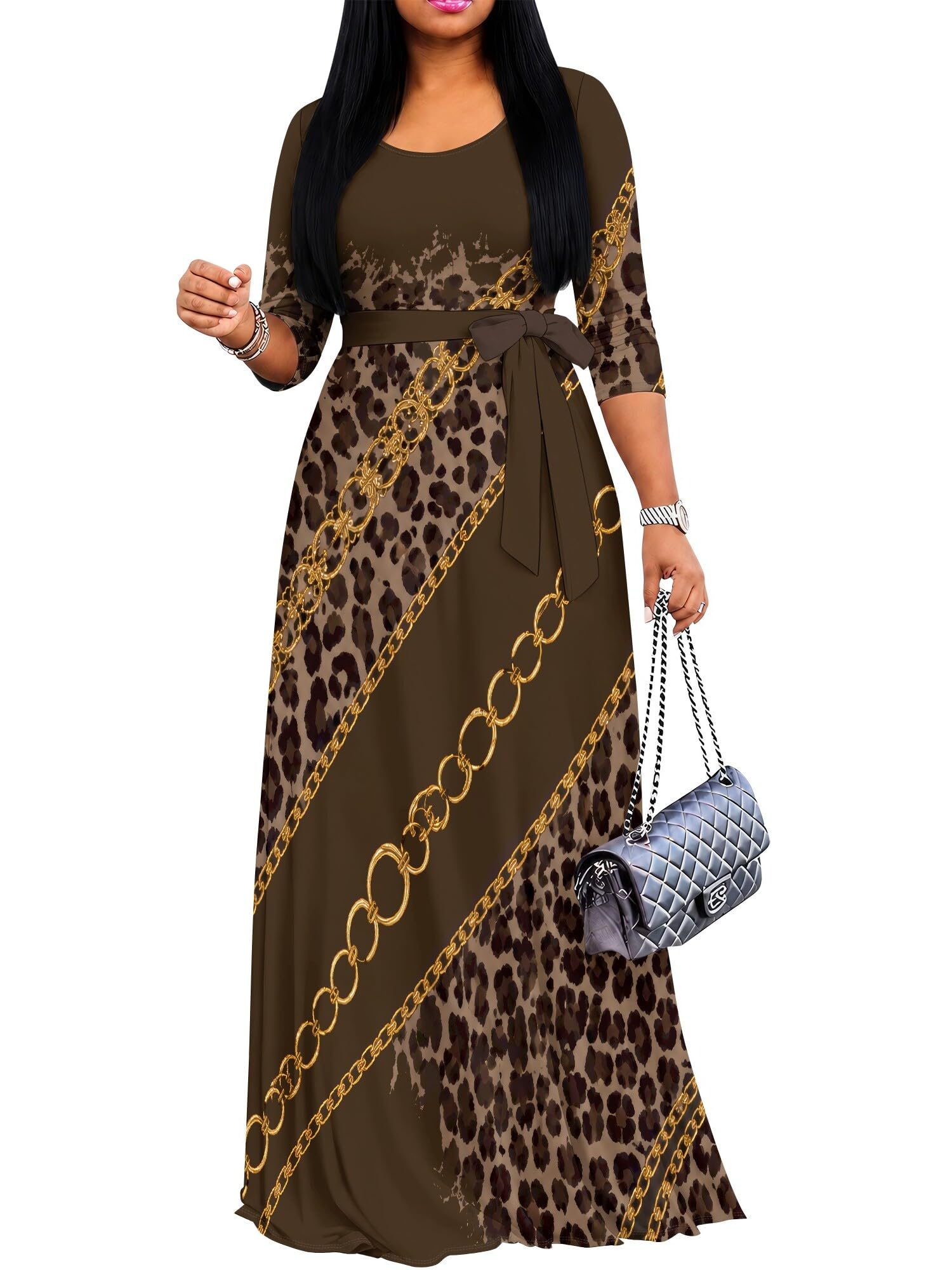 PinkPatty Women's Plus Size V Neck 3/4 Sleeve Boho Maxi Dress with Pockets