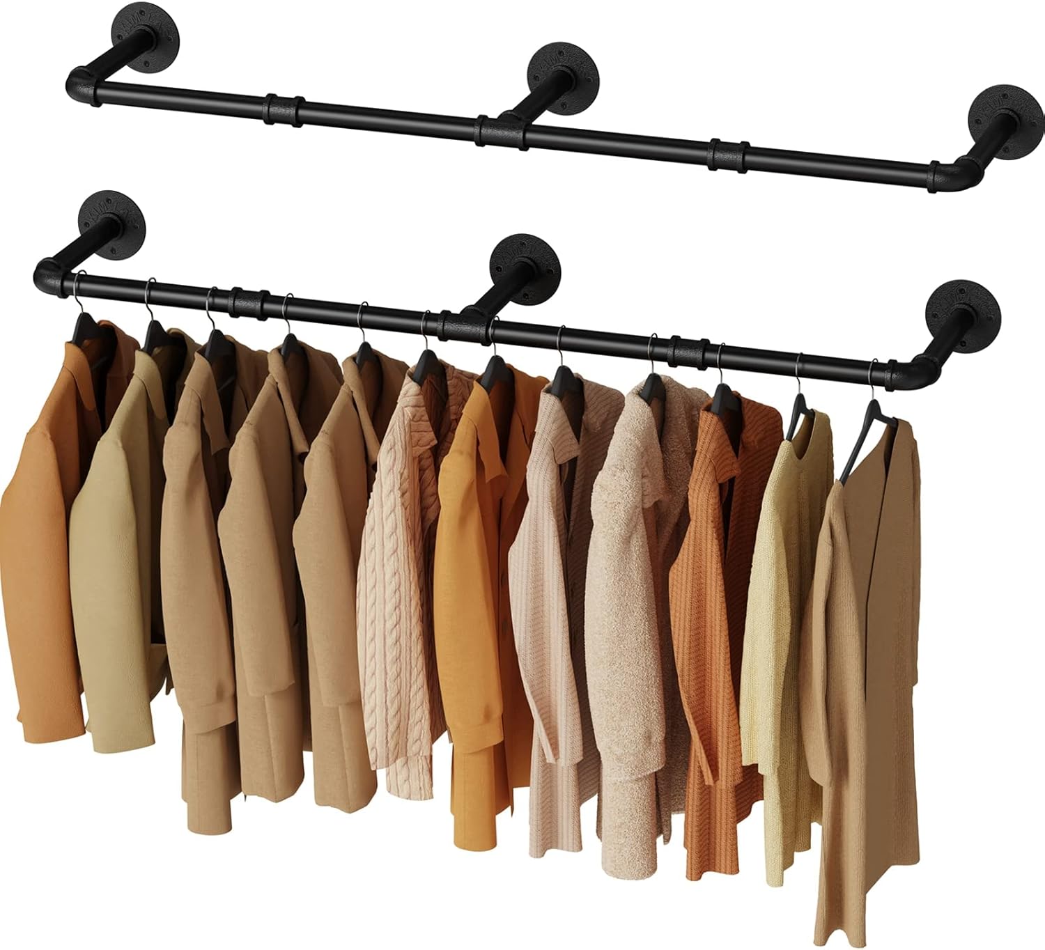 Clothes Rack, 60in Wall Mounted Industrial Pipe Clothing Rack, Space Saver Hanging Clothing Rack, Heavy Duty Garment Rack, 2 Packs 2 60.0Inches