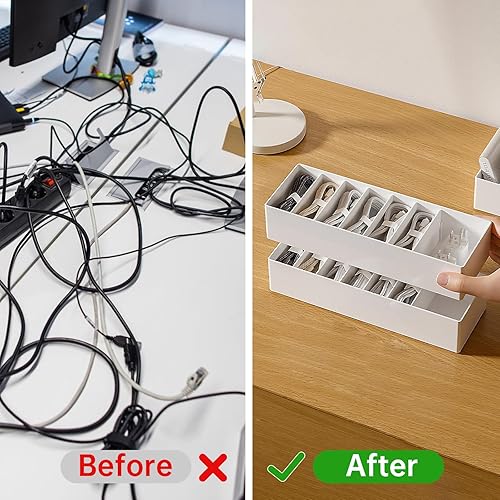 Miniatura 4 de Caja organizadora de cables de 2 piezas con lazos de alambre, caja de almacenamiento de plástico con 8 compartimentos, organizador de escritorio