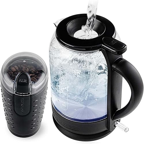 OVENTE KG516B + CG225B - Juego de molinillo eléctrico de grano de café y hervidor eléctrico de 1.5 L, calentador de agua de vidrio borosilicato de