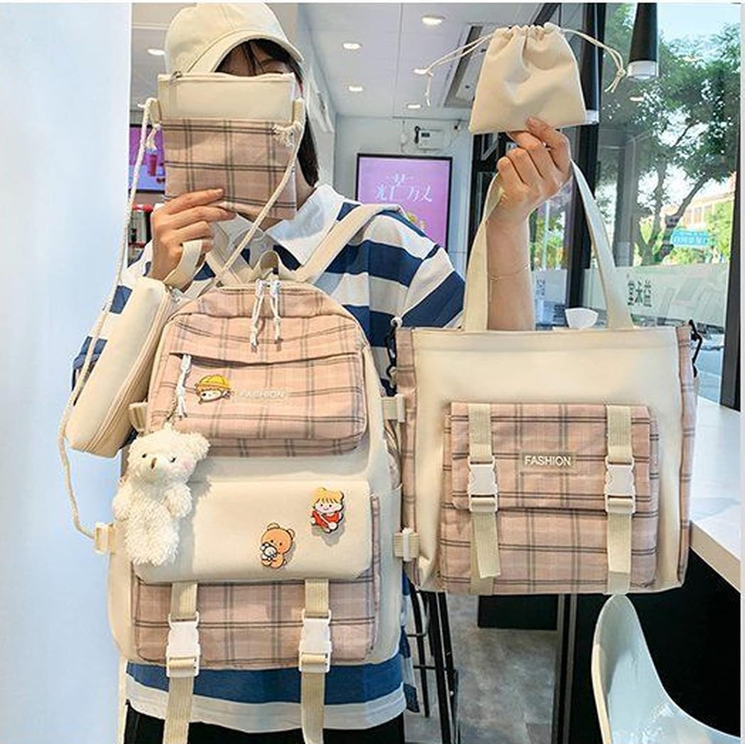 SHINsuke 5Pcs Kawaii School Backpacks Combo Cute Bear Pendant Pins Plaid Check Back To School Supplies Canvas Schoolbag Daypack (Pink)