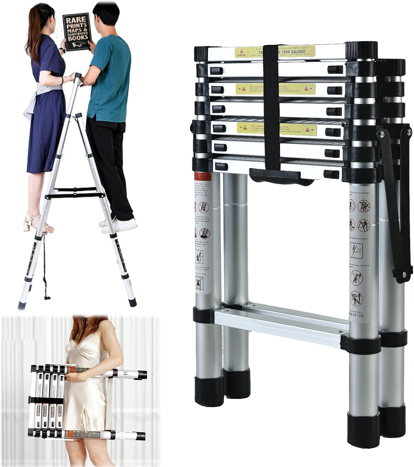 Telescopic Stepladder 6+7 Step Ladder Aluminum Heavy Duty Max Up to