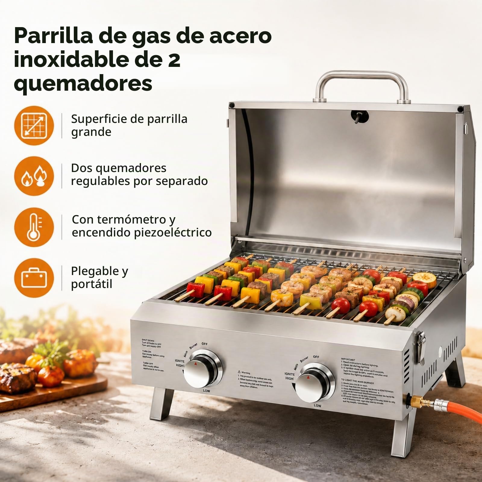 Barbacoa de Gas de Mesa 2 Quemadores Acero Inoxidable con Piedra Pizza