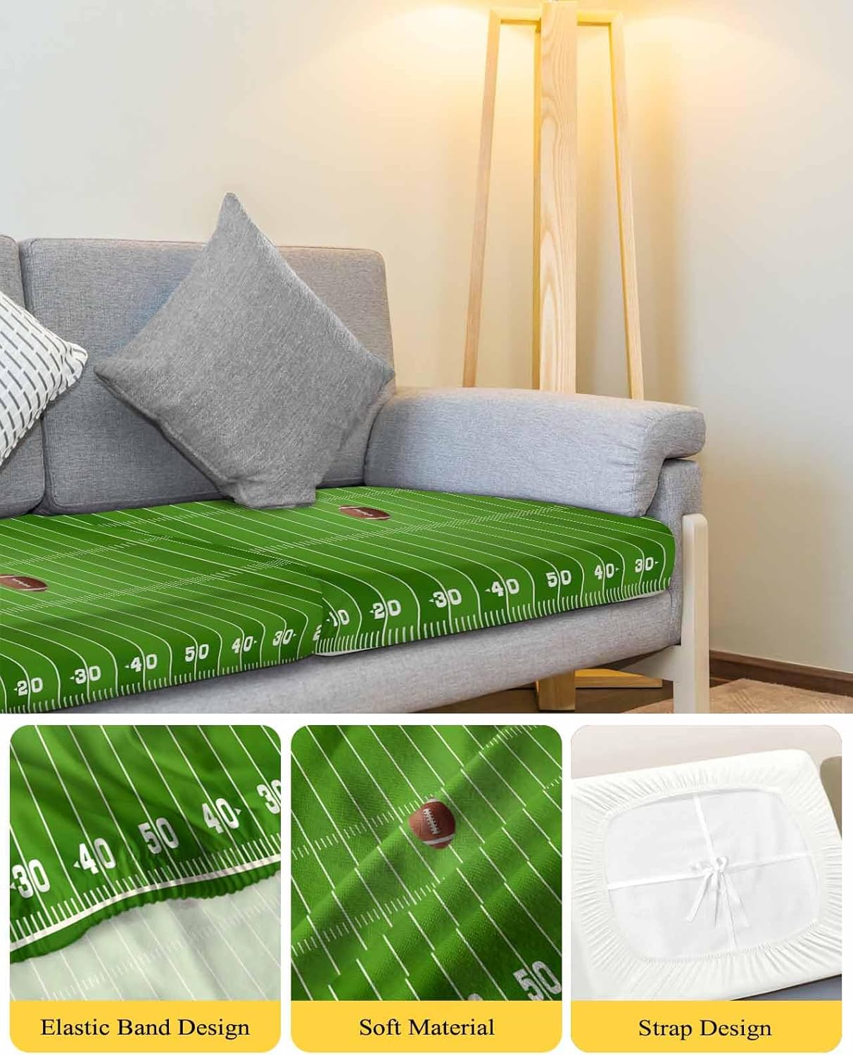 Yukro Couch Cushion Covers, Sports Theme Football Field Game Sofa Seat Cushion Covers, Universal High Stretch Sofa Slipcover Couch Covers Furniture Protector for Kids Pets
