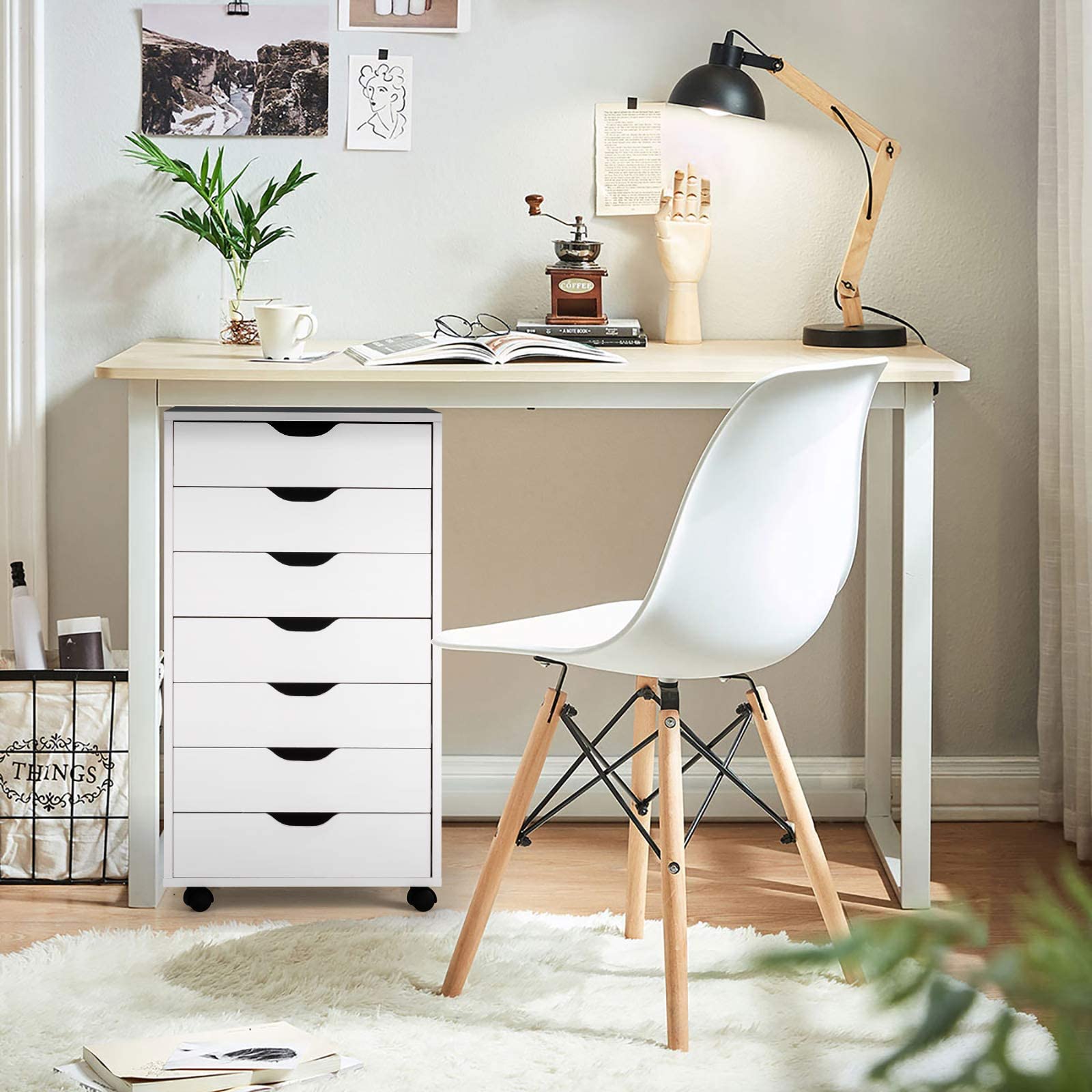 FANTASK Bürocontainer mit Rädern, mobiler Schubladenkommode mit 7 Schubladen, Rollcontainer Schubladenschrank, Aktenschrank Rollwagen, Rollschrank für Zuhause Büro (Weiß)