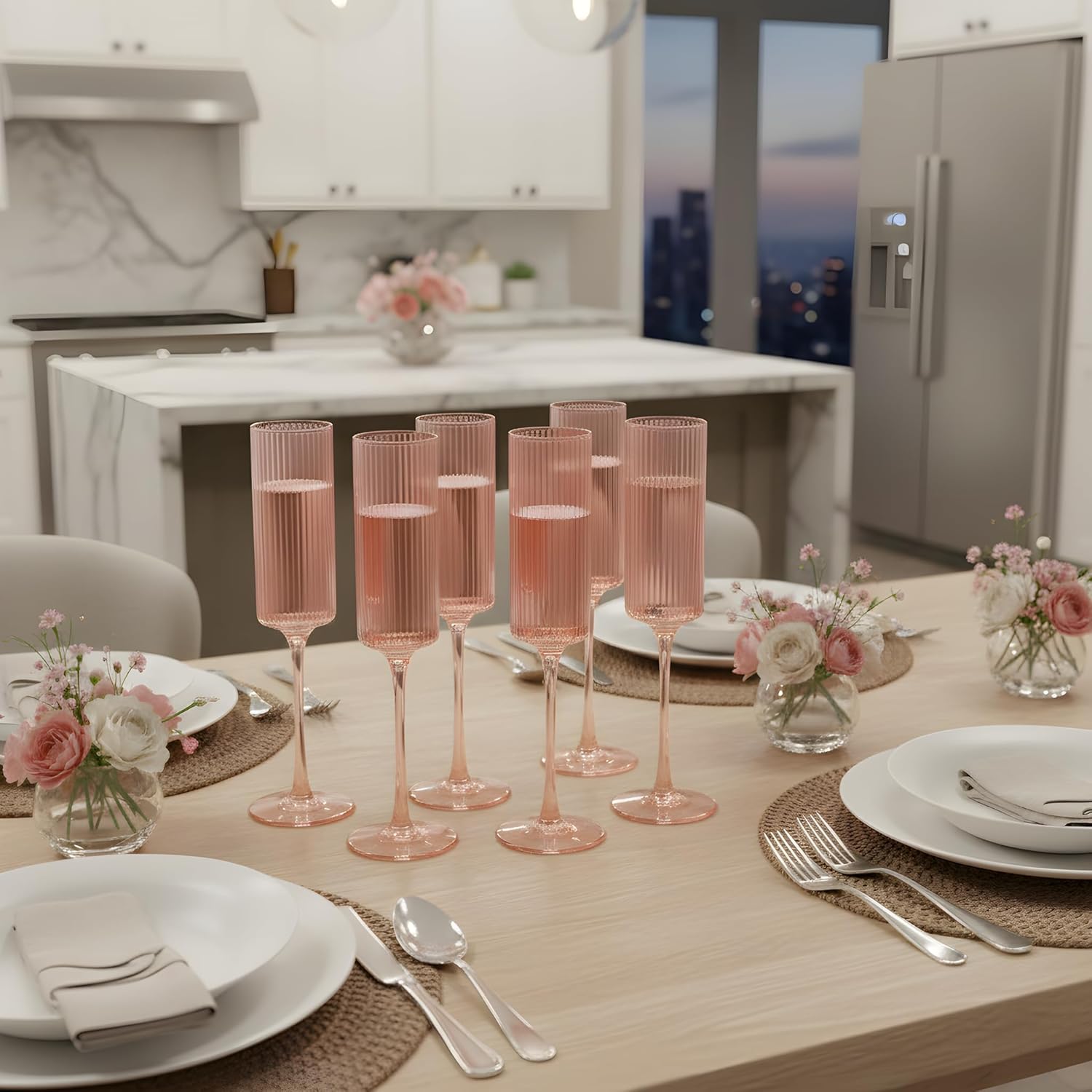 12 Pcs 6 oz Pink Ribbed Straight Plastic Champagne Flutes - Unbreakable Reusable for Parties, Weddings, Family Gatherings