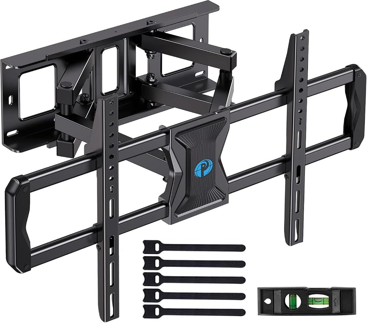 Soporte de pared para TV de movimiento completo para la mayoría de televisores de 37 a 84 pulgadas de hasta 100 libras, soporte de pared para TV con brazos articulados dobles, extensión, giro, inclinación, se adapta a postes de madera de 16", VESA máx. de 600 x 400 mm, PILF8