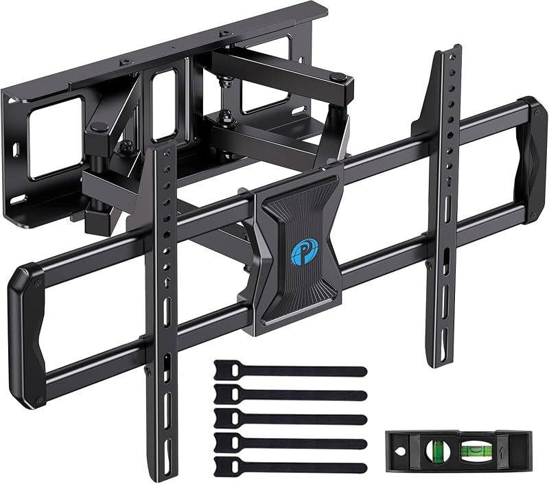 Soporte de pared para TV de movimiento completo para la mayoría de televisores de 37 a 84 pulgadas de hasta 100 libras, soporte de pared para TV con brazos articulados dobles, extensión, giro, inclinación, se adapta a postes de madera de 16", VESA máx. de 600 x 400 mm, PILF8