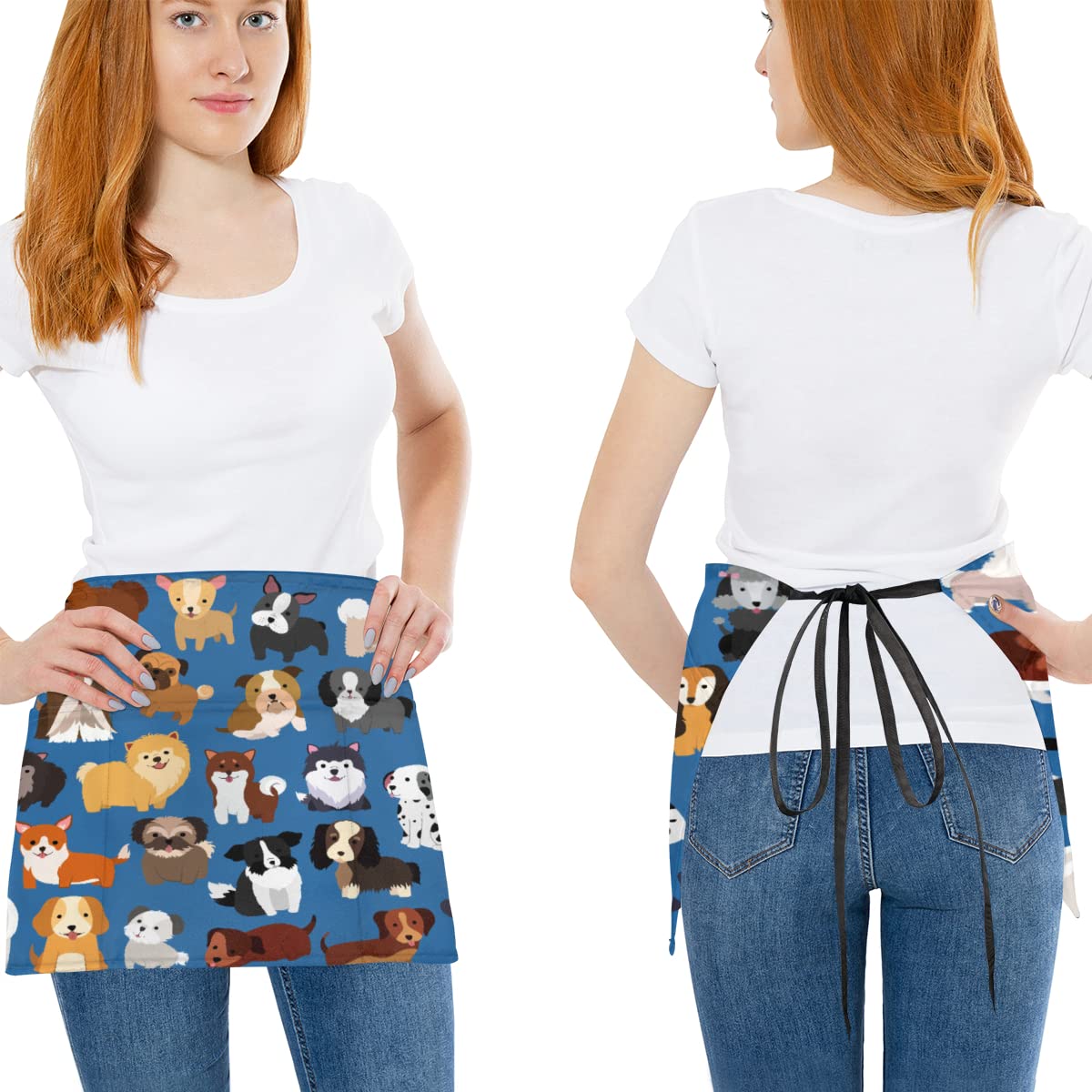 bisibuy Dog Puppy 3 Pack Server Aprons with 3 Pockets, Cute Waitress Waiter Wasit Apron for Women Men Restaurant Bistro Cafe Bars Half Aprons Waitress Server Accessories