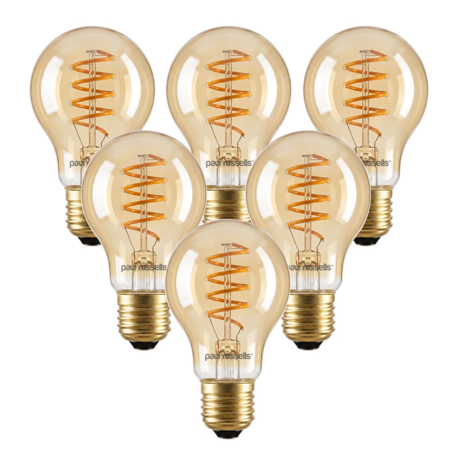 paul russells Dimmable Spiral LED Filament GLS Bulb, E27 4W (25W Equivalent) - 250LM, 1800K Vintage Extra Warm White Amber Light, 330° Beam Angle, Decorative Edison Screw A60 Lamp – Pack of 6