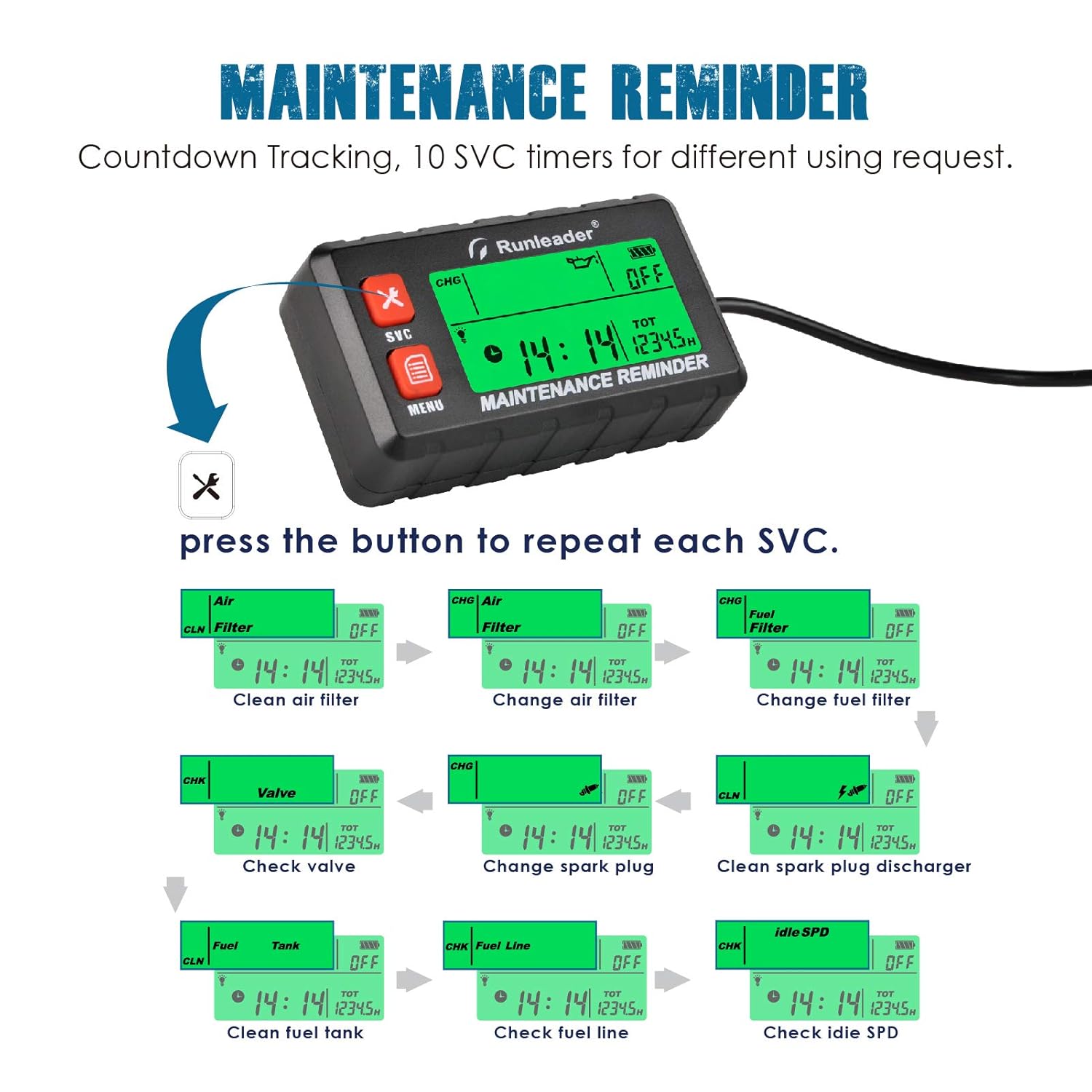 Free Shipping Over $50 Runleader Digital Self Powered Hour Meter Tachometer,RPM Alert, Multiple Maintenance Reminders,Backlights Display & Selection for Lawn Mower Generator ATV Outboards Snowblower Motorcycle