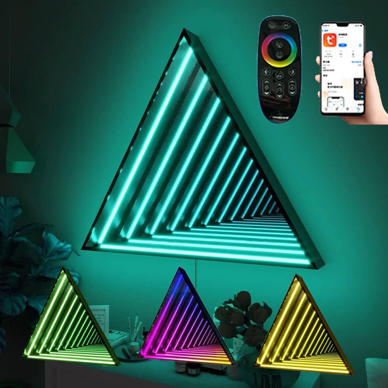 AityBuy Tunnel Mirror Lamp,Infinity Mirror Art Light Night Light,3D Mirror Tunnel Light,with Remote Control and Multi Color Changing Light,Mirror Wall Hanging Lights Triangle-30cm/11.8"