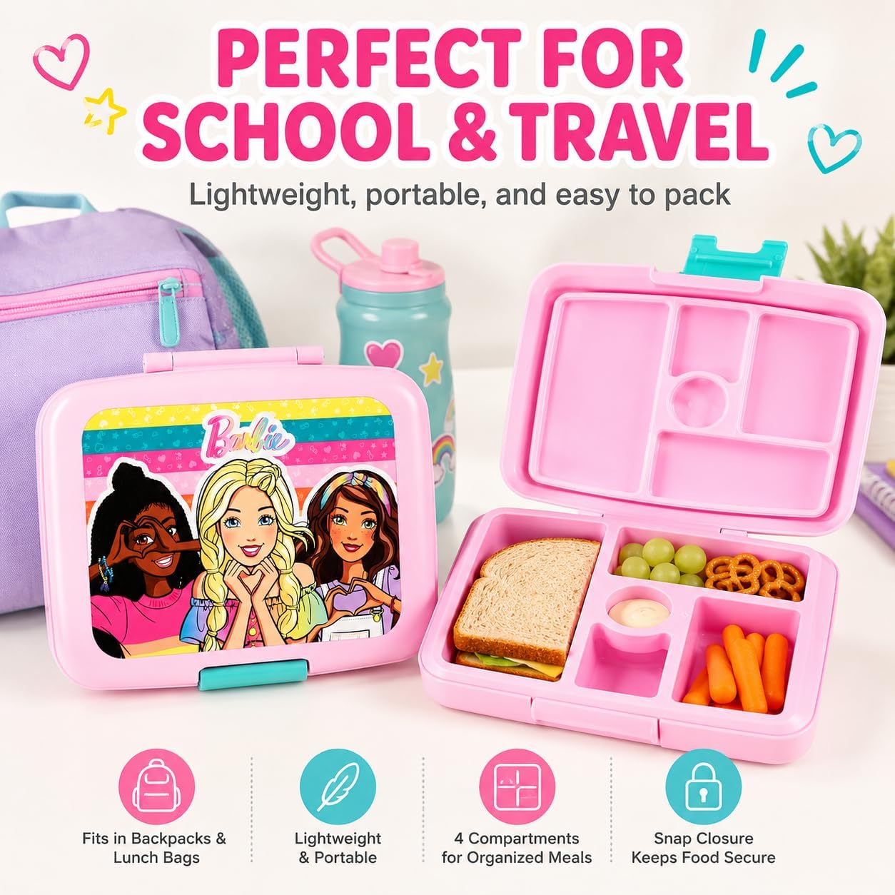 AI ACCESSORY INNOVATIONS Barbie 4 Compartment Bento Lunch Box for Kids, Featuring Barbie & Friends, Molded Lunch Box, BPA Free