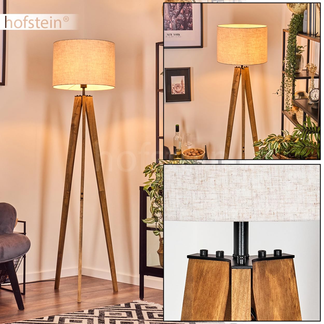 Lámpara de pie Bassagoda, de madera/metal/tela en color natural/negro/beige, lámpara de diseño escandinavo con pantalla de tela (Ø 40 cm) e interruptor de pie, altura 161 cm, 1 x E27, sin bombilla