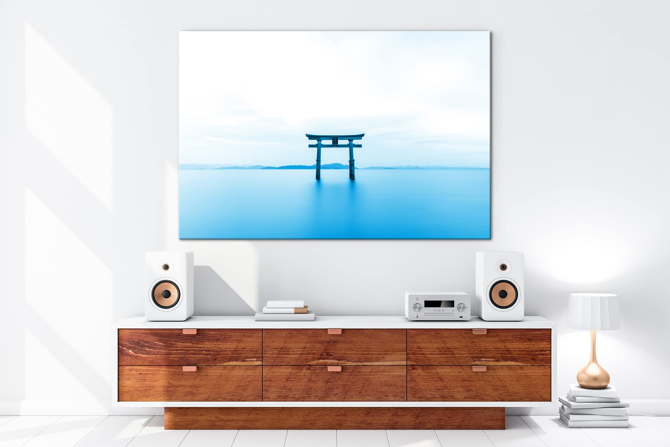 deyoli Charakterystyka japońskiej religii Shinto Format: 120 x 80 cm jako obraz na płótnie Efekt: monoplektyczny niebieski, motyw gotowy na ramie z prawdziwego drewna, wysokiej jakości druk cyfrowy z ramą